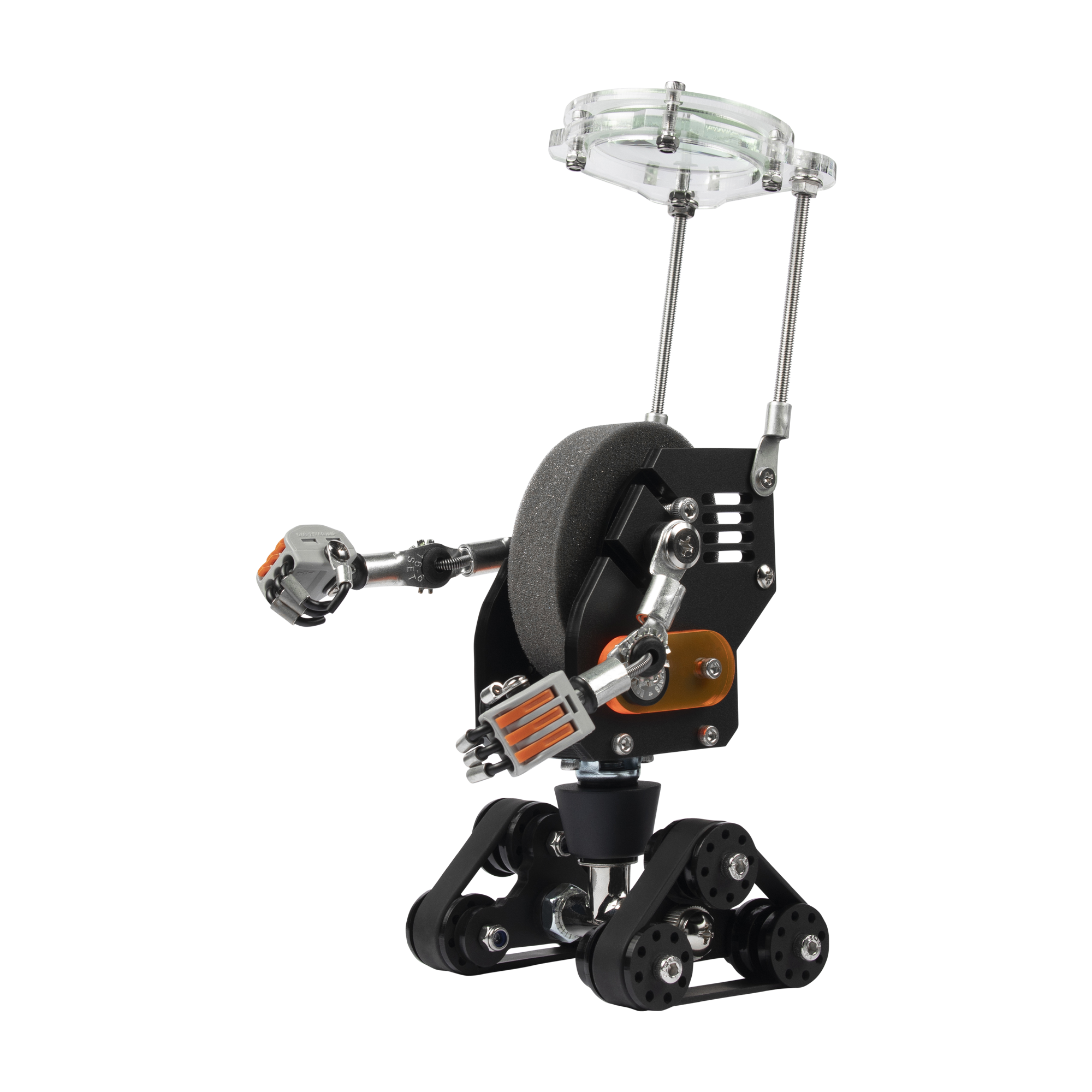 RoboTank black robotic watch stand with articulated arms, metal gears, and clear display bracket