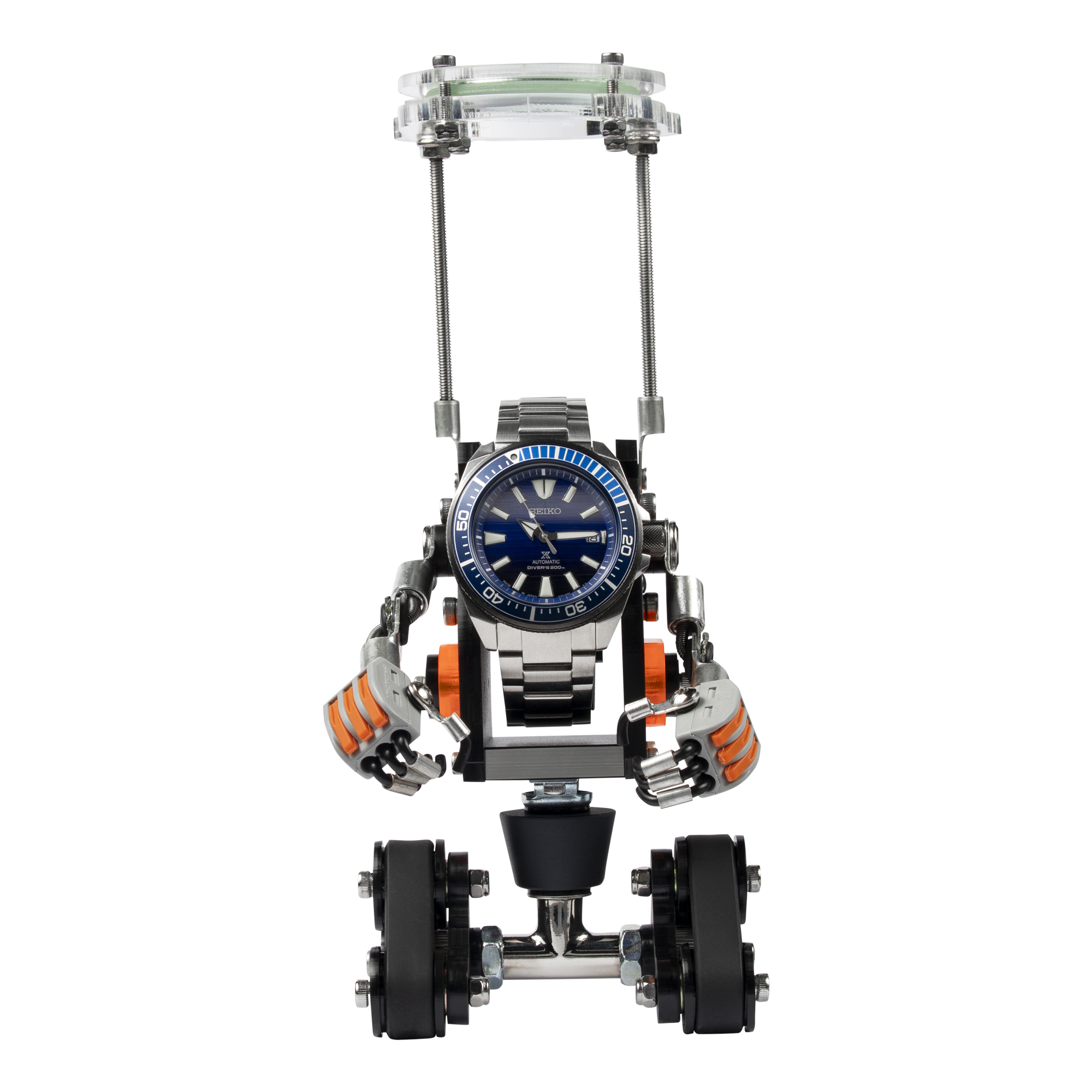 RoboTank black watch stand with orange mechanical arms holding blue dial Seiko dive watch, metal frame and wheels