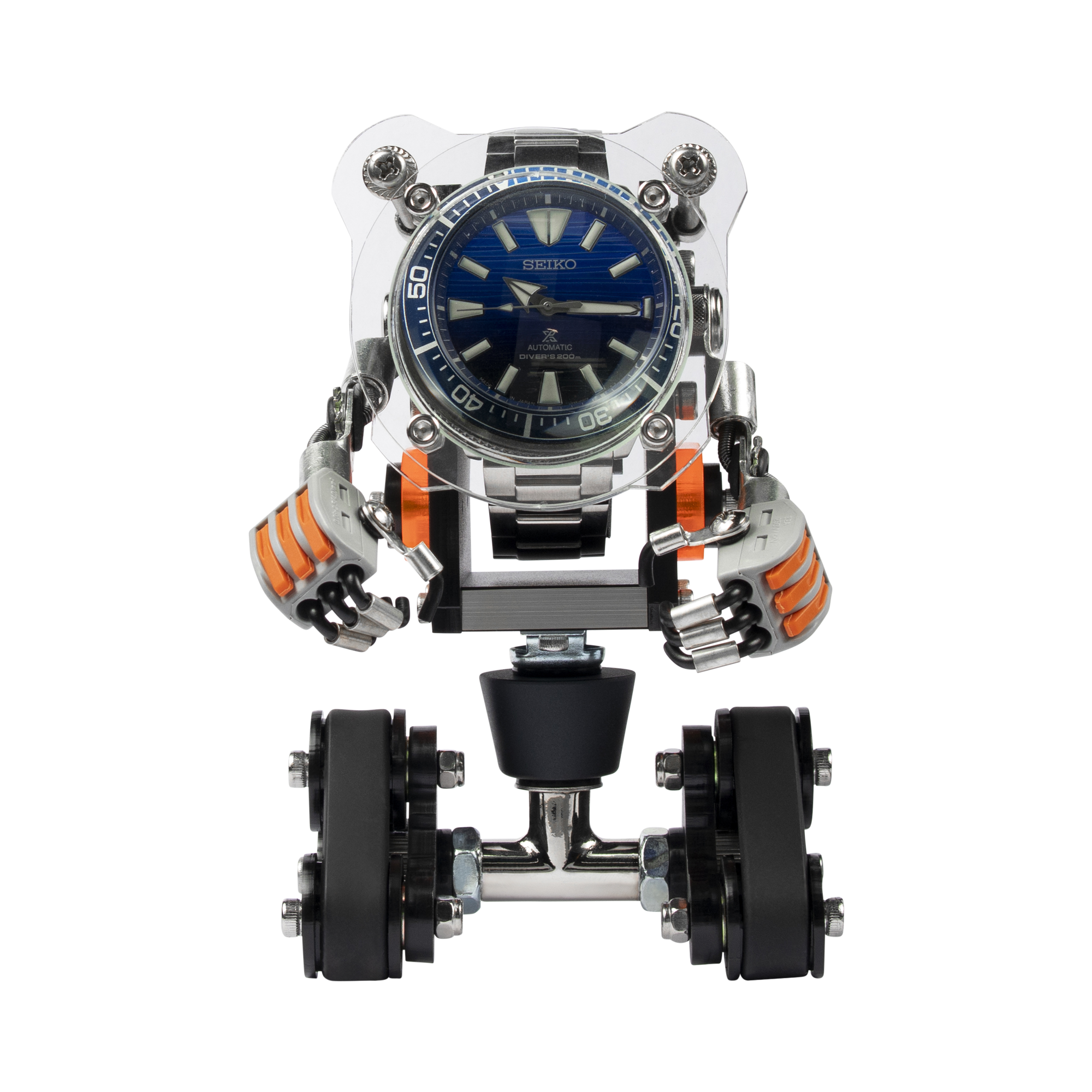Seiko automatic dive watch with blue dial mounted on robotic tank stand with orange accents and black wheels