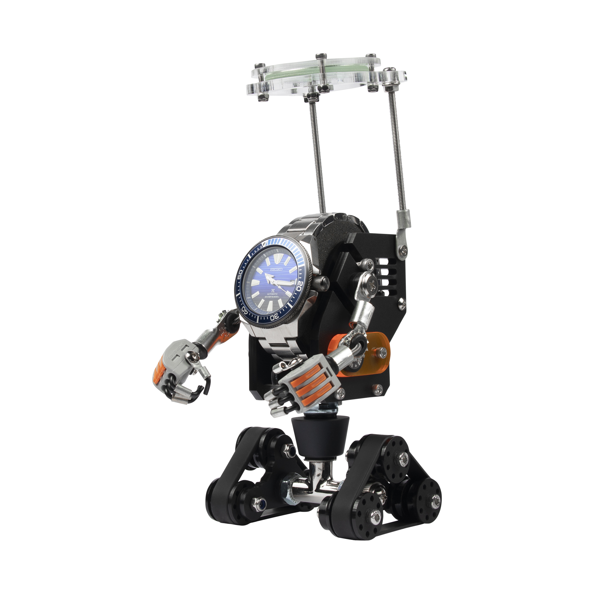 RoboTank black watch stand with articulated robot arms, orange accents, and tracked base holding blue-dialed sports watch