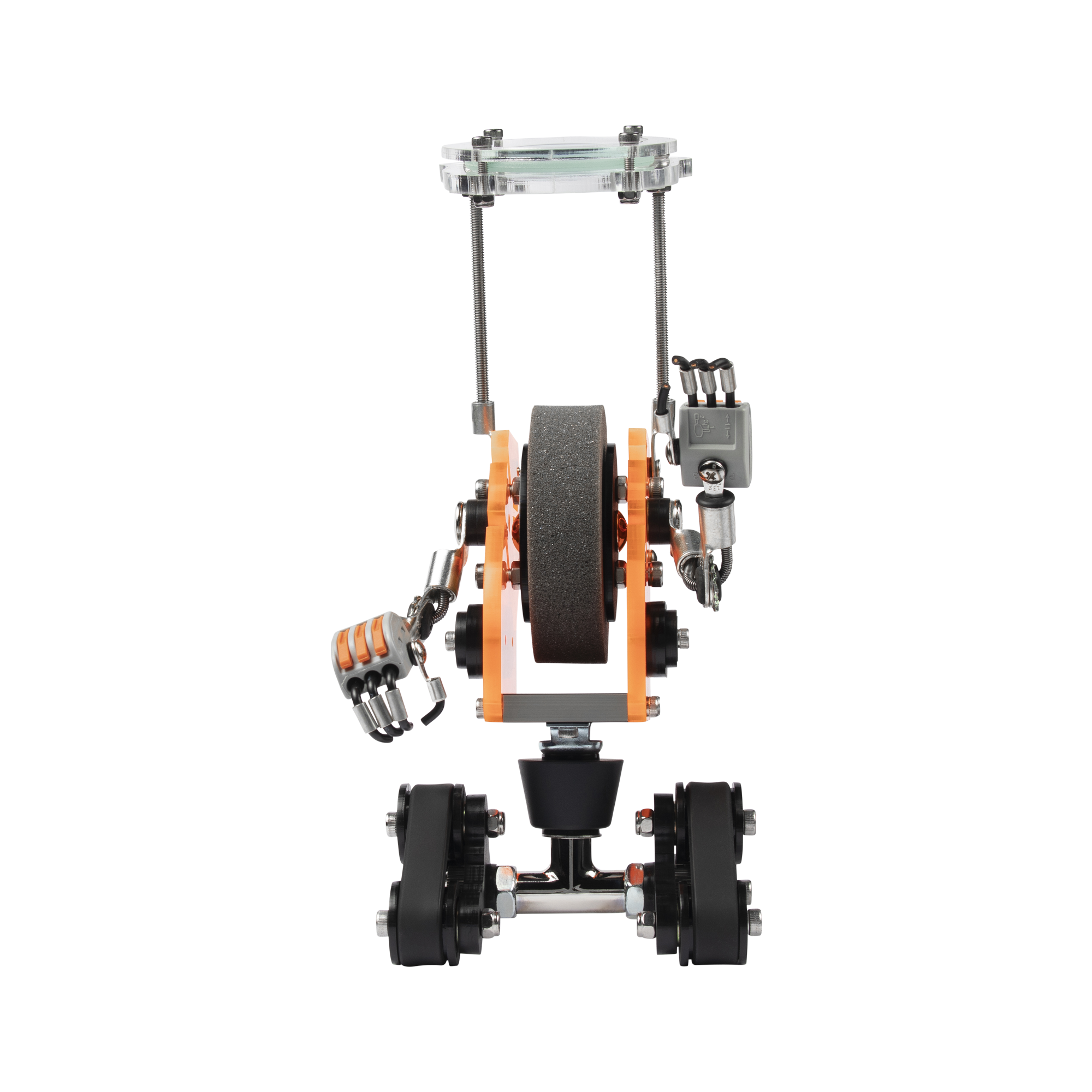 RoboTank neon orange watch stand with articulated robotic arms, metallic components, and dual black wheels on white background