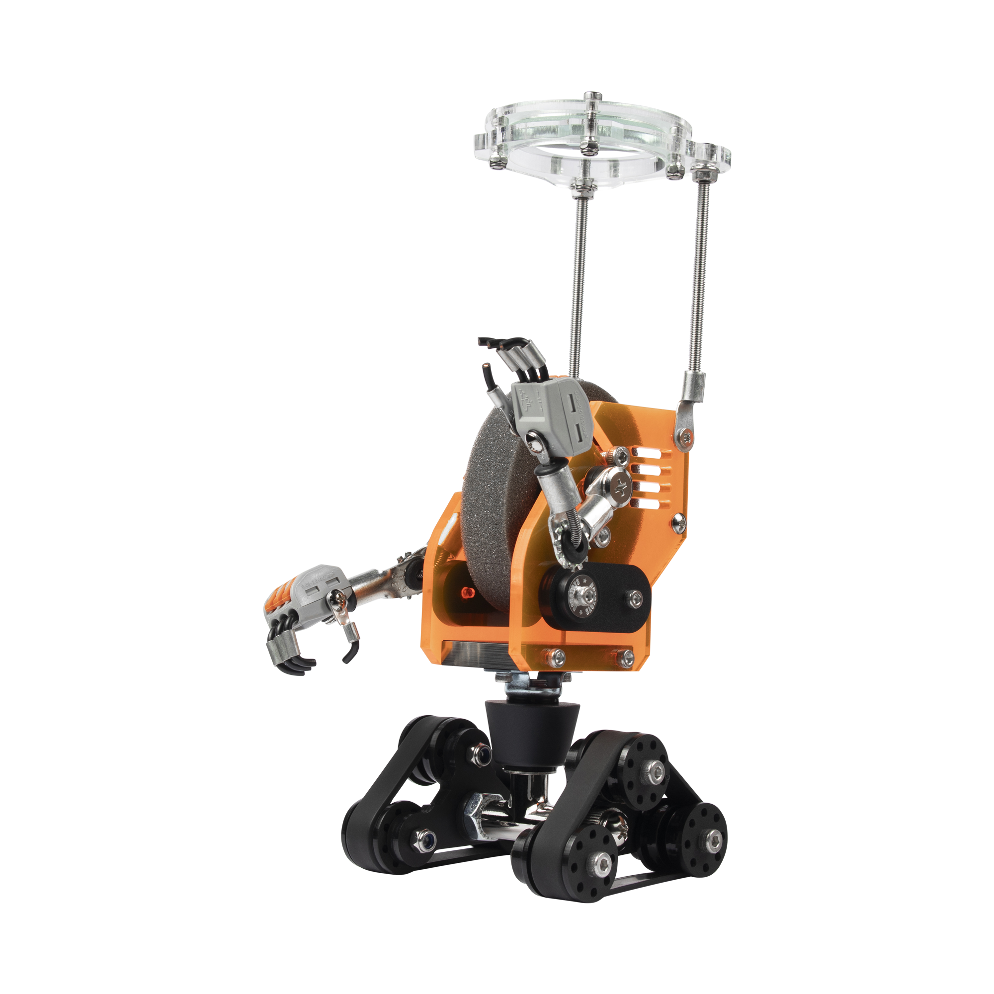 Orange robotic watch stand with articulated arms, gripper claw, wheeled base, and overhead mounting bracket display