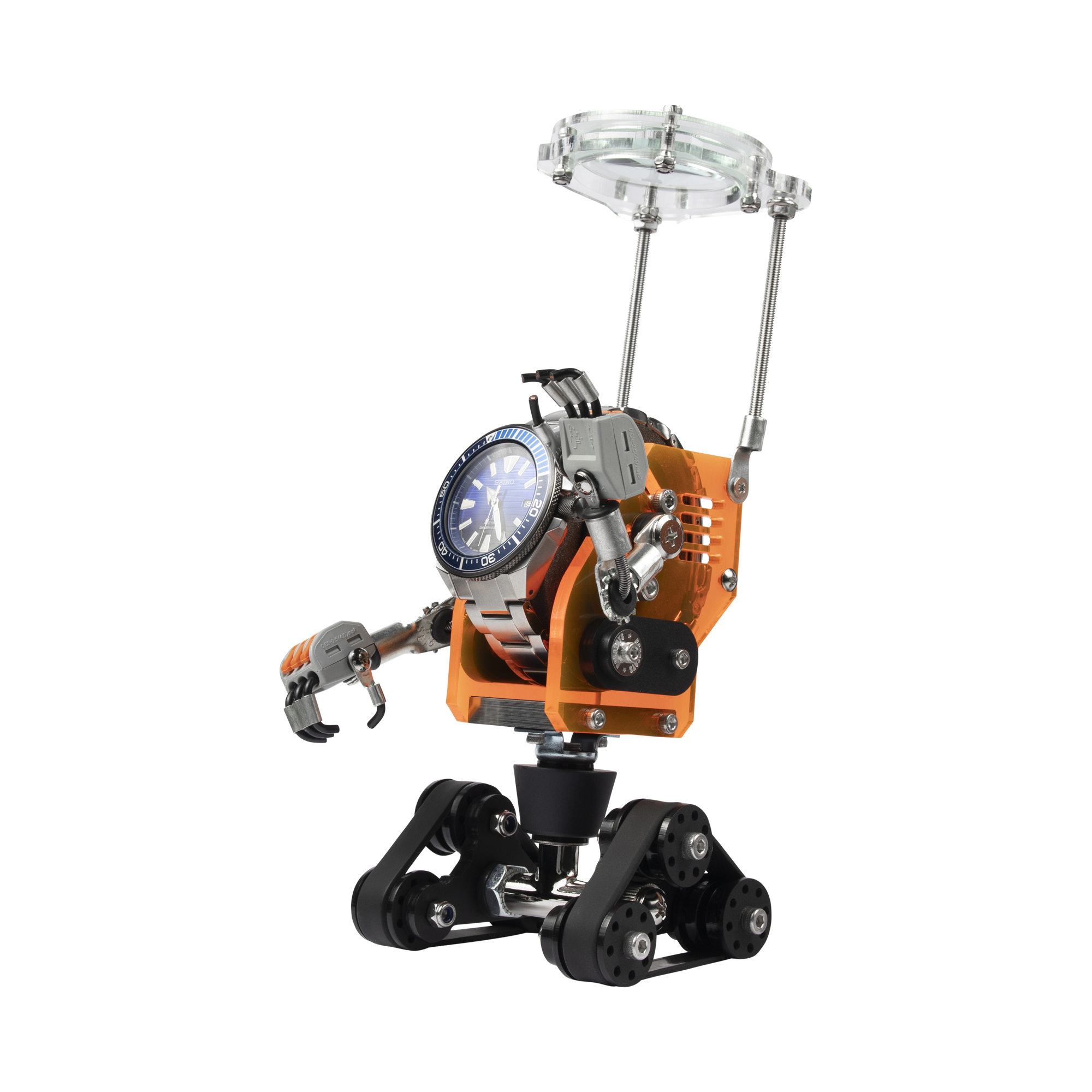 RoboTank neon orange watch stand with mechanical arms, claw gripper, wheeled base and LED overhead light display