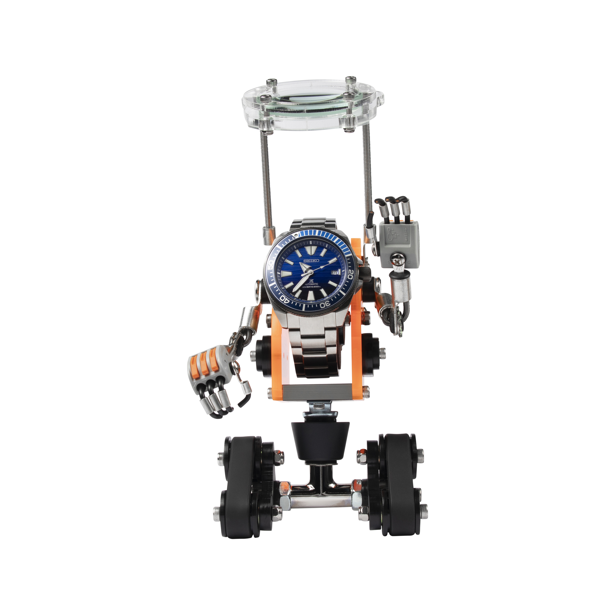 Neon orange RoboTank watch stand with mechanical arms and wheels displaying blue dial automatic watch