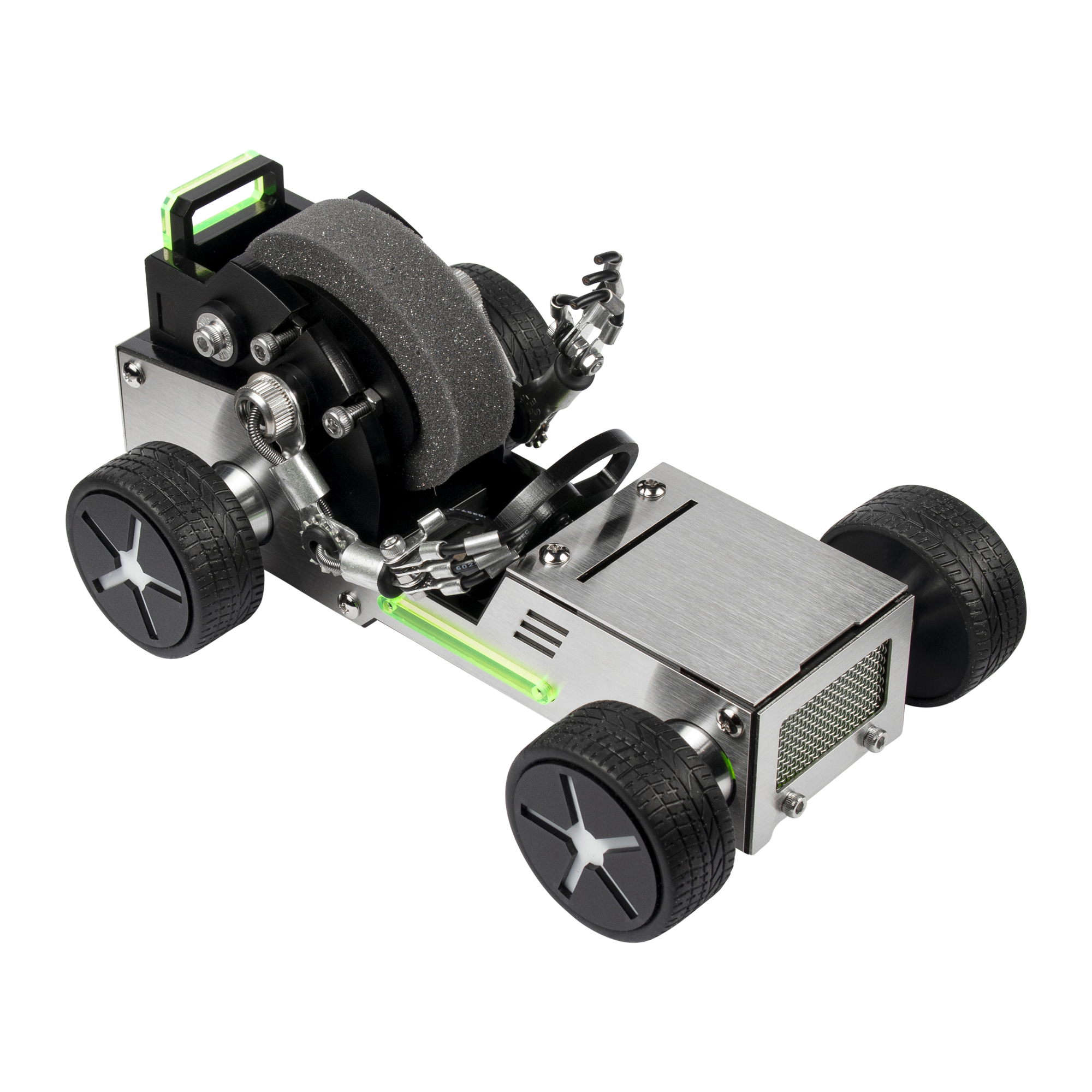 DIY robotic roadster kit with metallic chassis, green accents, black wheels, motor assembly and adjustable watch stand mechanism
