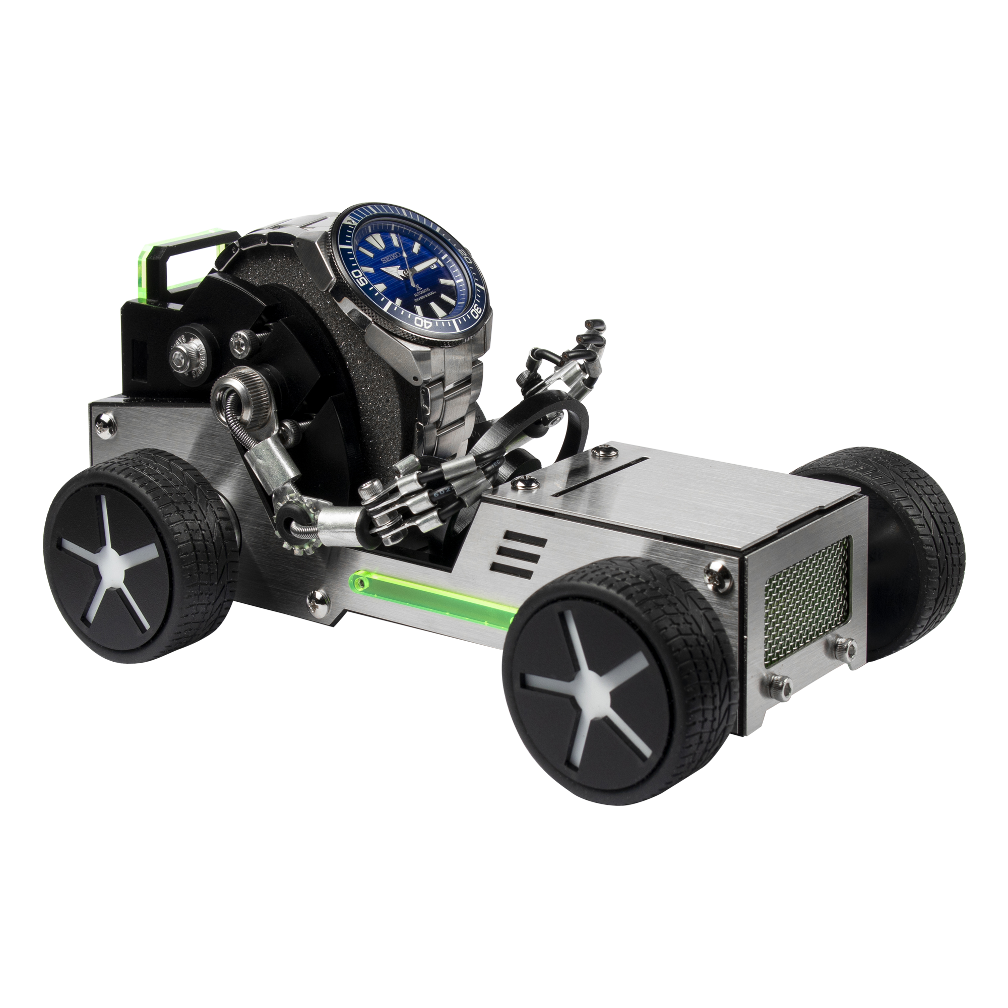 Stainless steel watch stand shaped like a racing car with blue dial watch mounted on roof and articulated robot arm