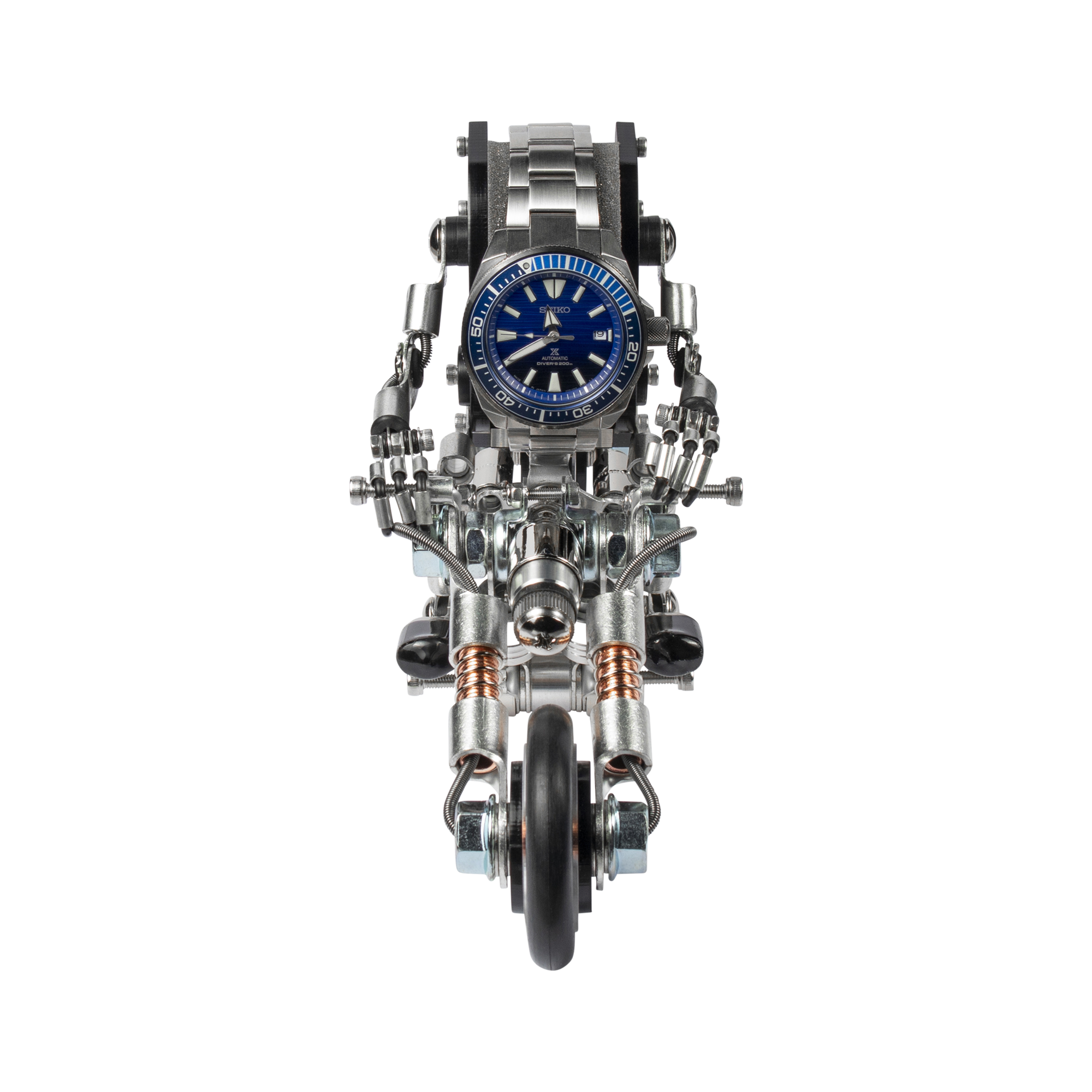 Stainless steel RoboBike watch stand with blue dial timepiece, motorcycle engine design with wheel and exhaust pipes