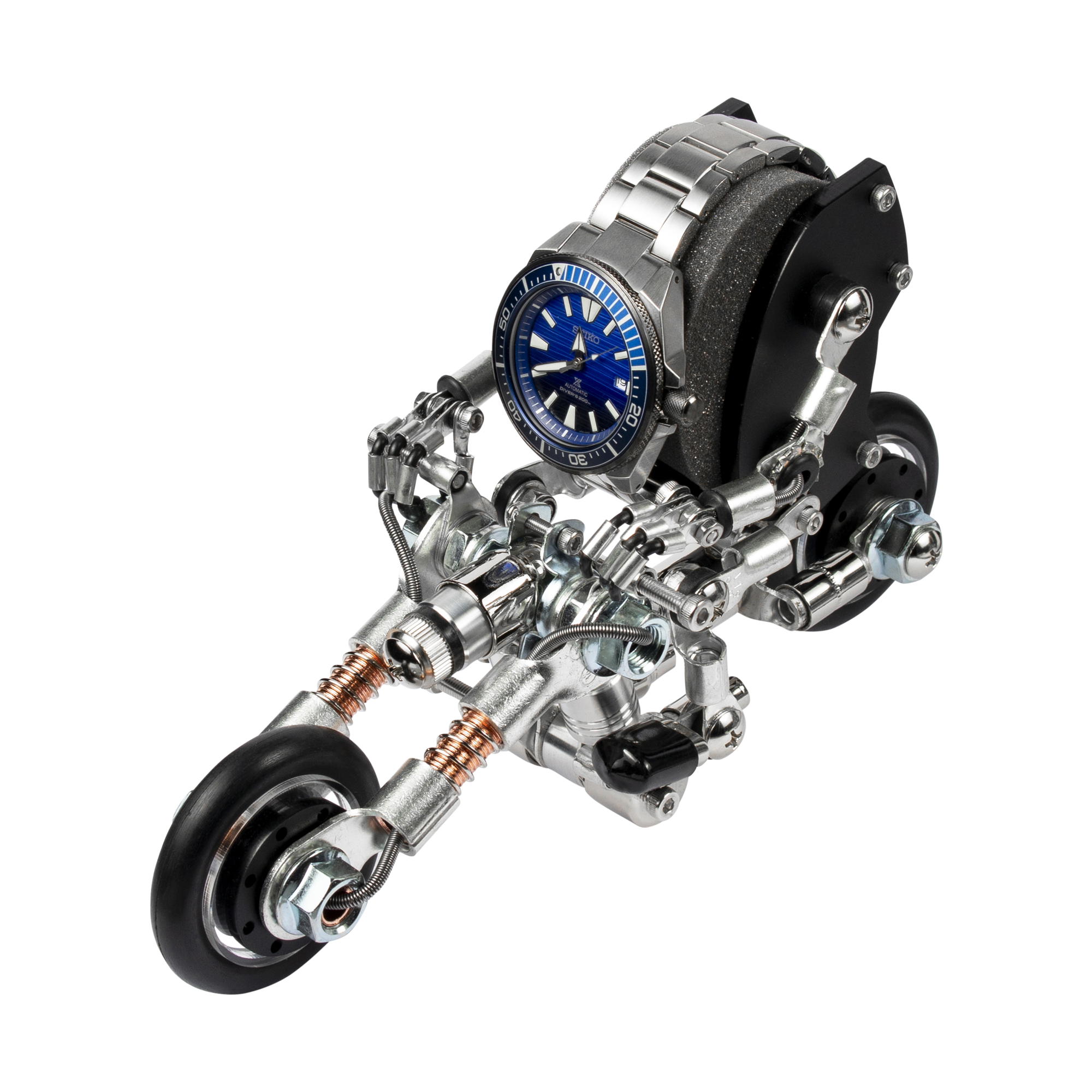 Steampunk motorcycle watch stand with blue dial dive watch, metal mechanical design and black rubber wheel base
