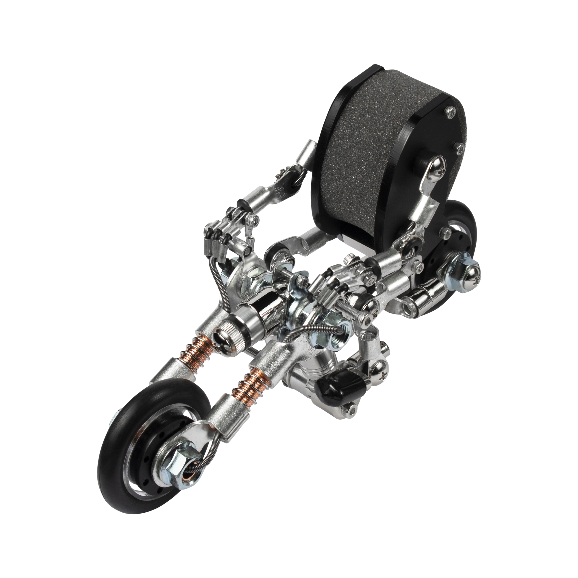 Silver and black mechanical robot bike watch stand with articulated metal joints and rubber wheel details