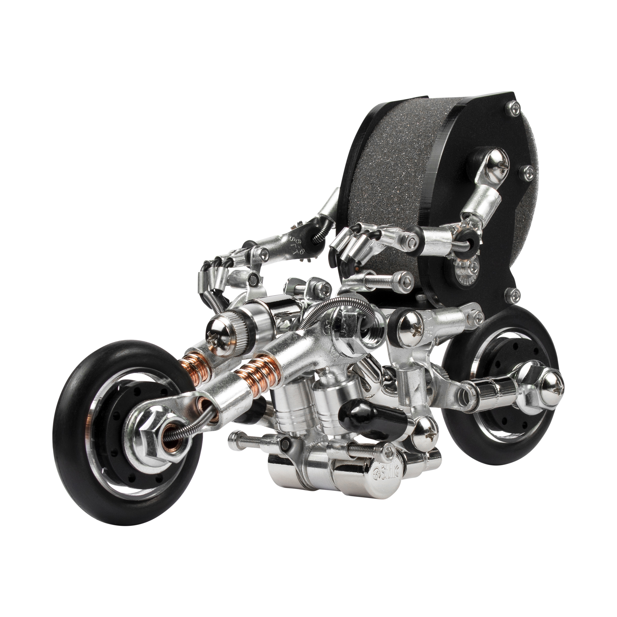 Mechanical steampunk robot motorcycle with chrome metal parts, black rubber wheels, and detailed engine components