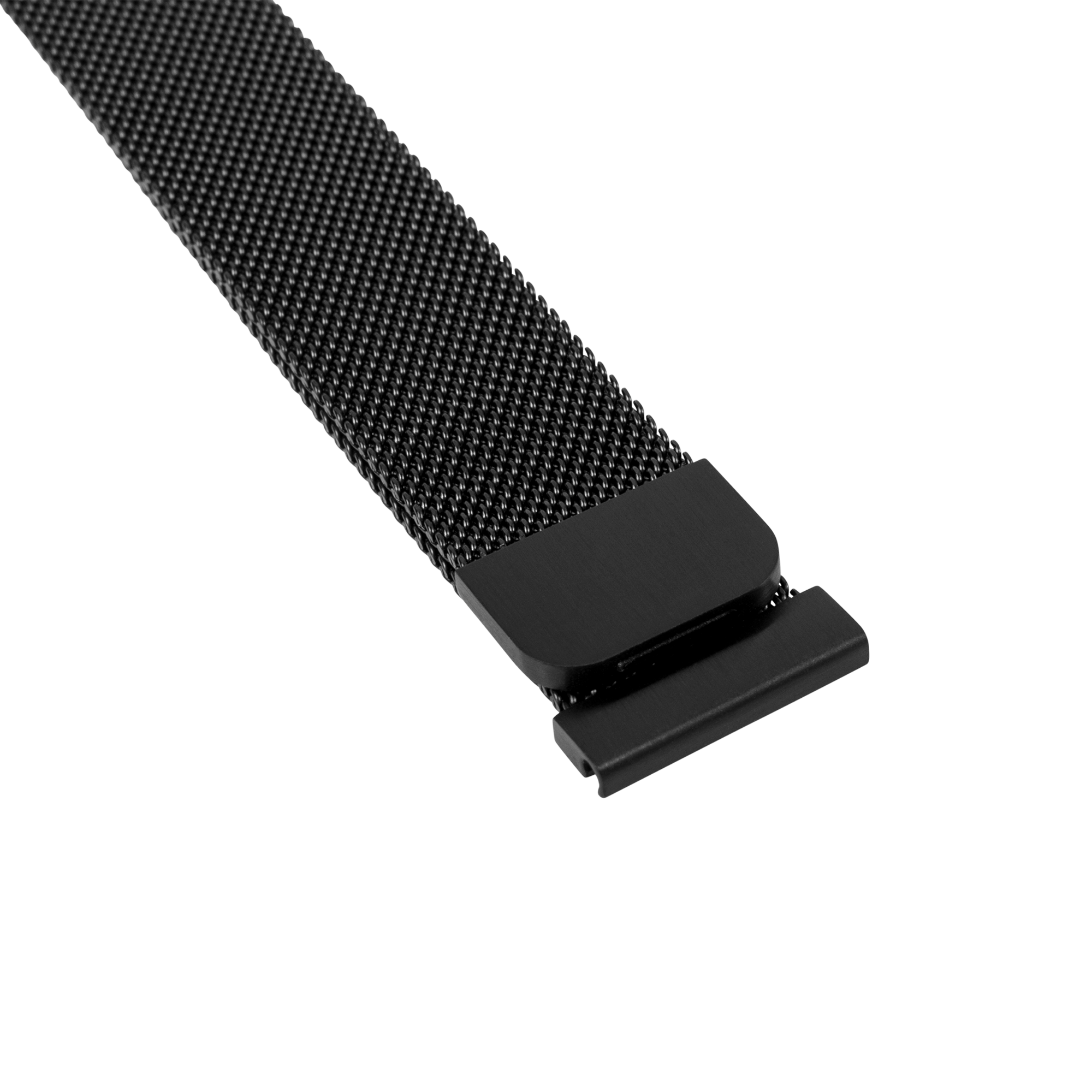 Black Milanese mesh watch band with quick release metal clasp connector