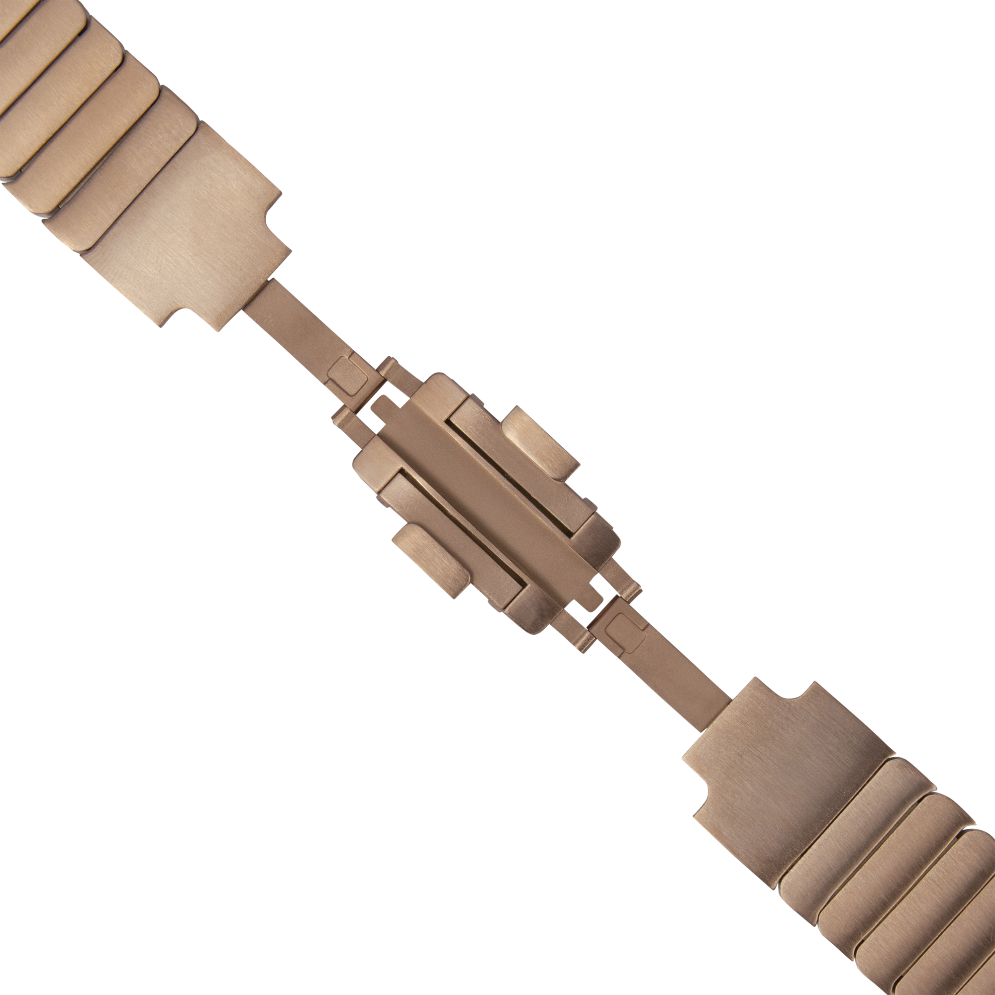 Rose gold link bracelet for Apple Watch with segmented metal bands and adjustable connector clasp
