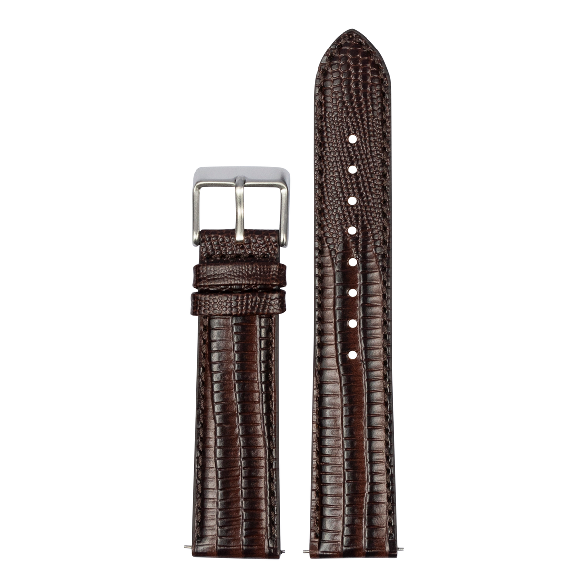 Dark brown faux lizard watch band with silver buckle and white stitching details
