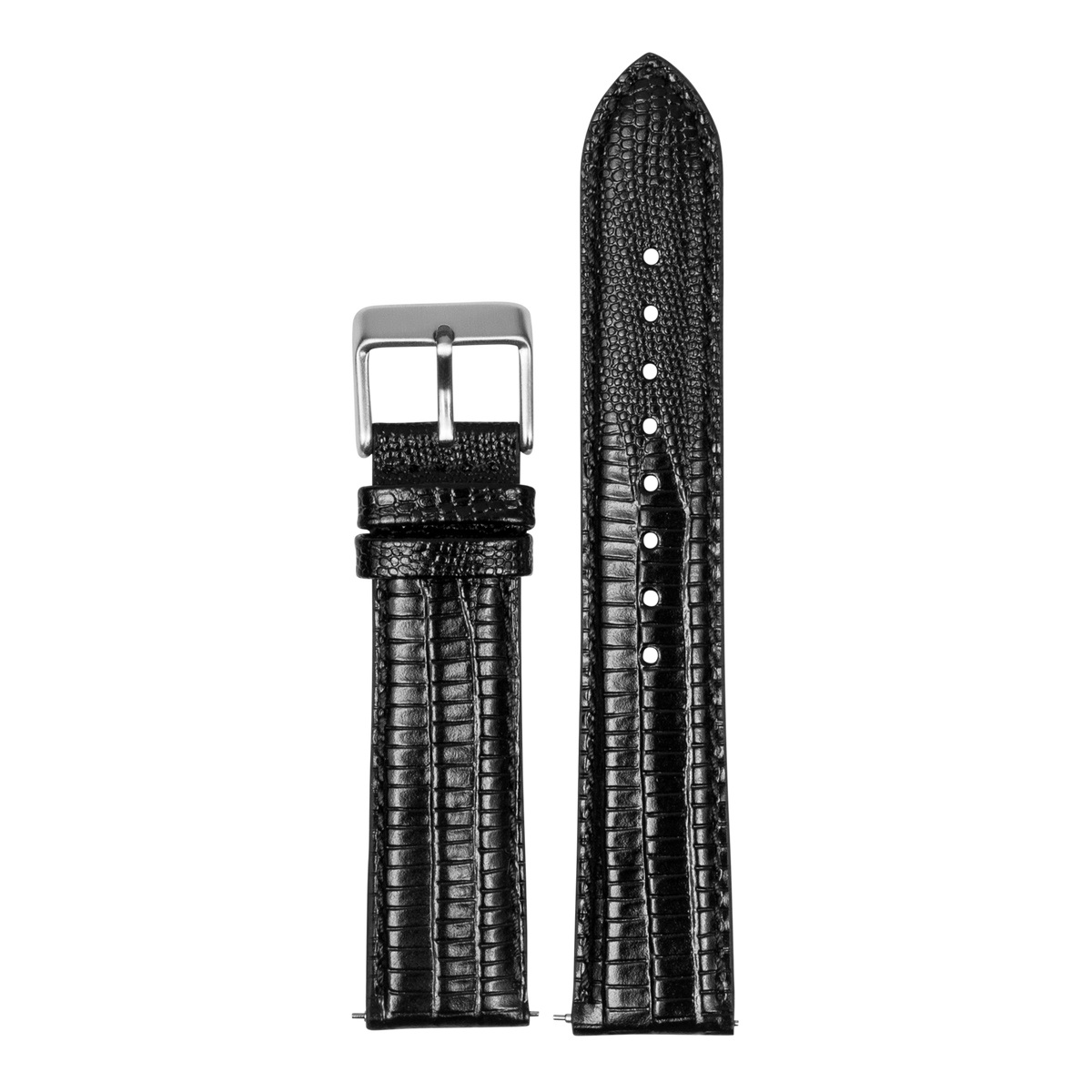 Black faux lizard watch band with silver buckle, showing front and back views with textured crocodile embossed pattern