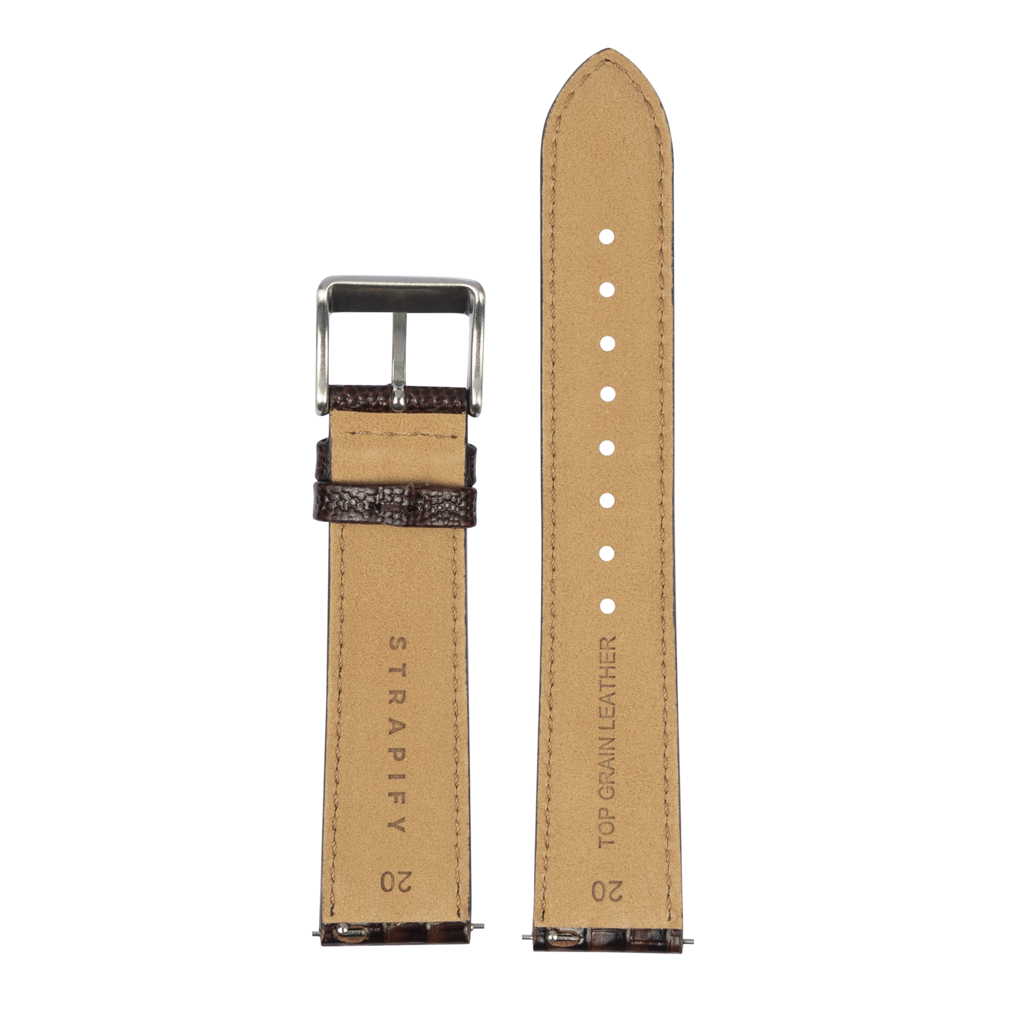 Quick release watch band faux lizard texture dark brown leather 20mm with silver buckle