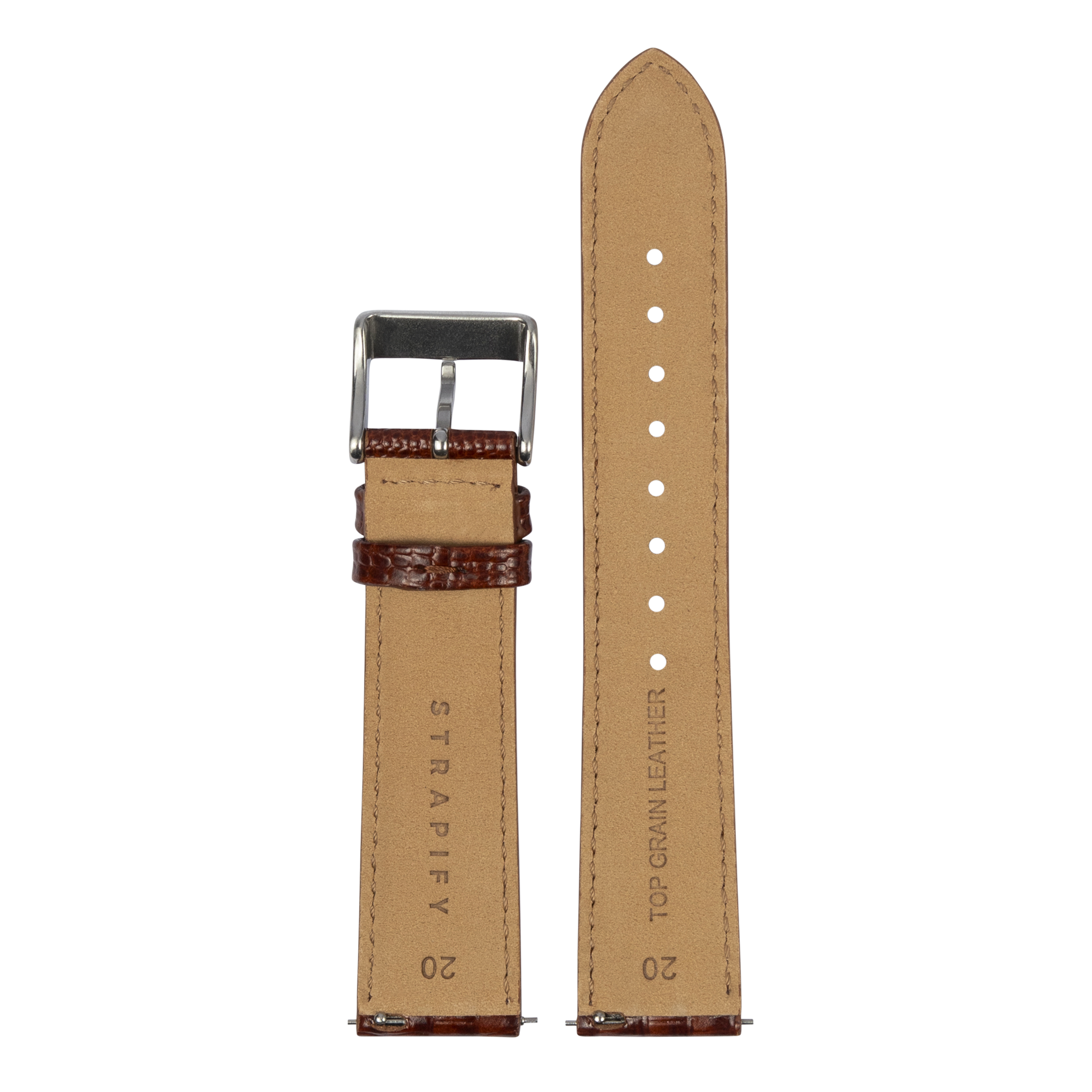 Brown faux lizard quick release watch strap with silver buckle and stitched edges