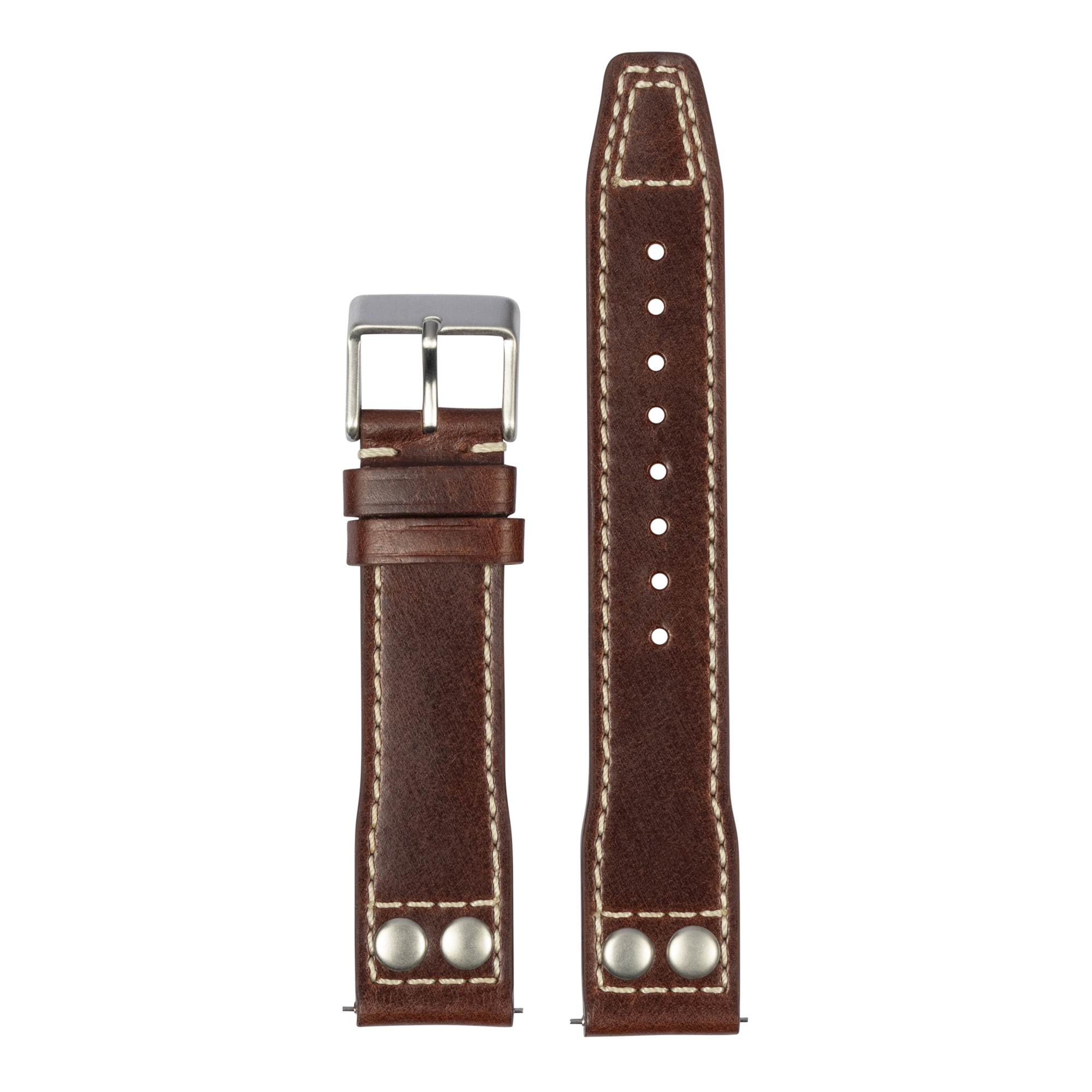 Brown leather quick release watch strap with cream stitching, metal rivets, and stainless steel buckle