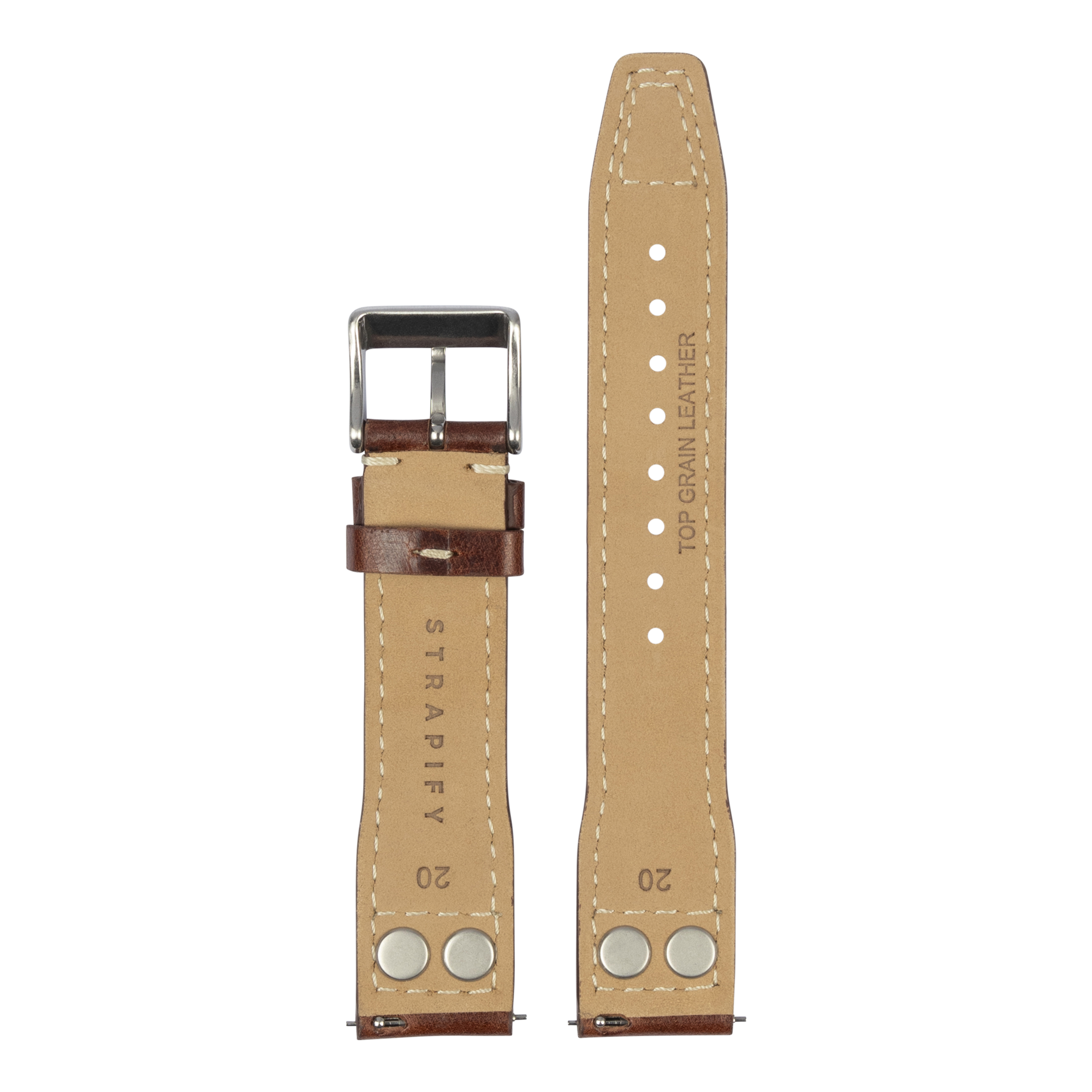 Tan leather watch band with dark brown top grain leather keeper and silver buckle, featuring white stitching and metal rivets