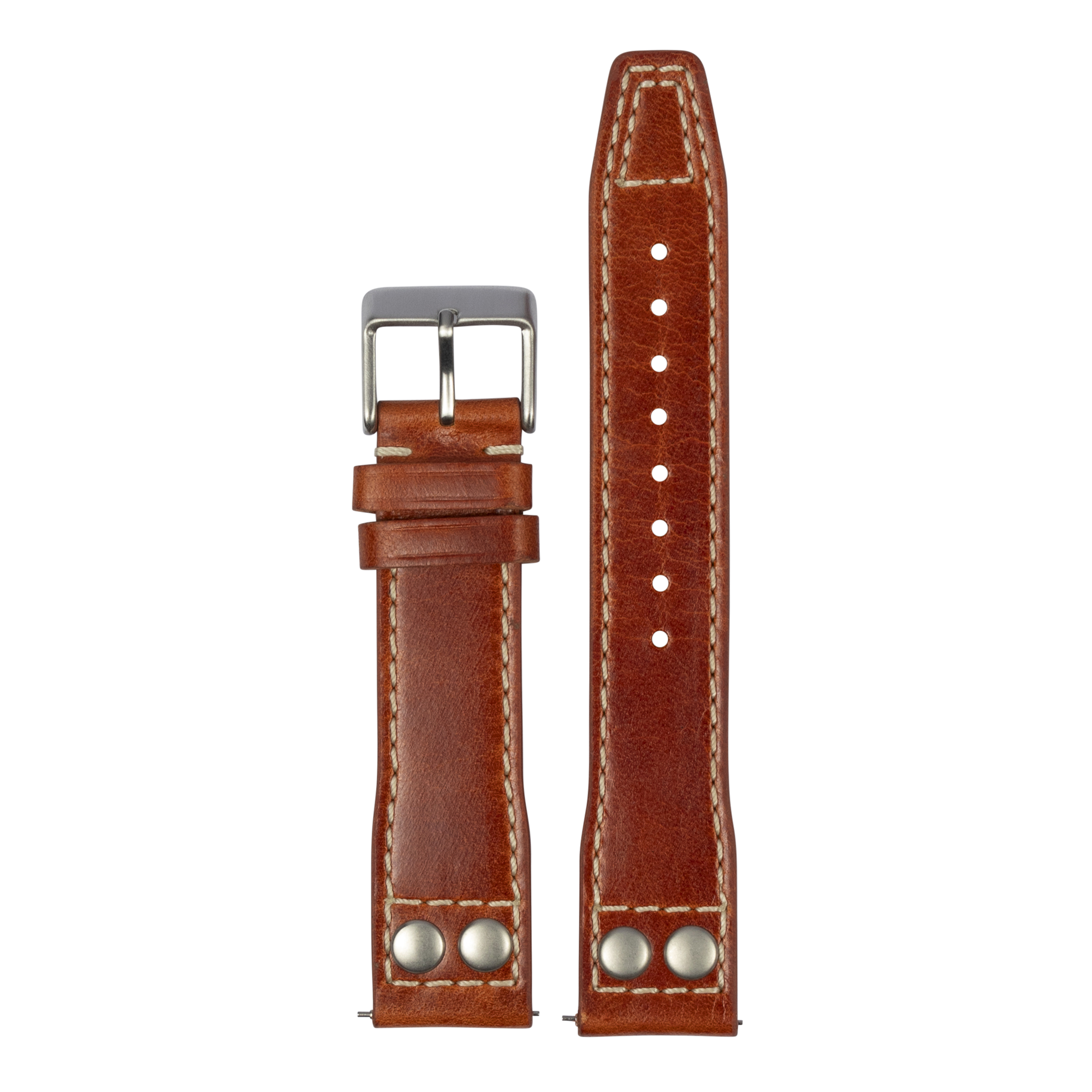 Brown leather pilot watch strap with rivets, quick release buckle, and contrasting stitching