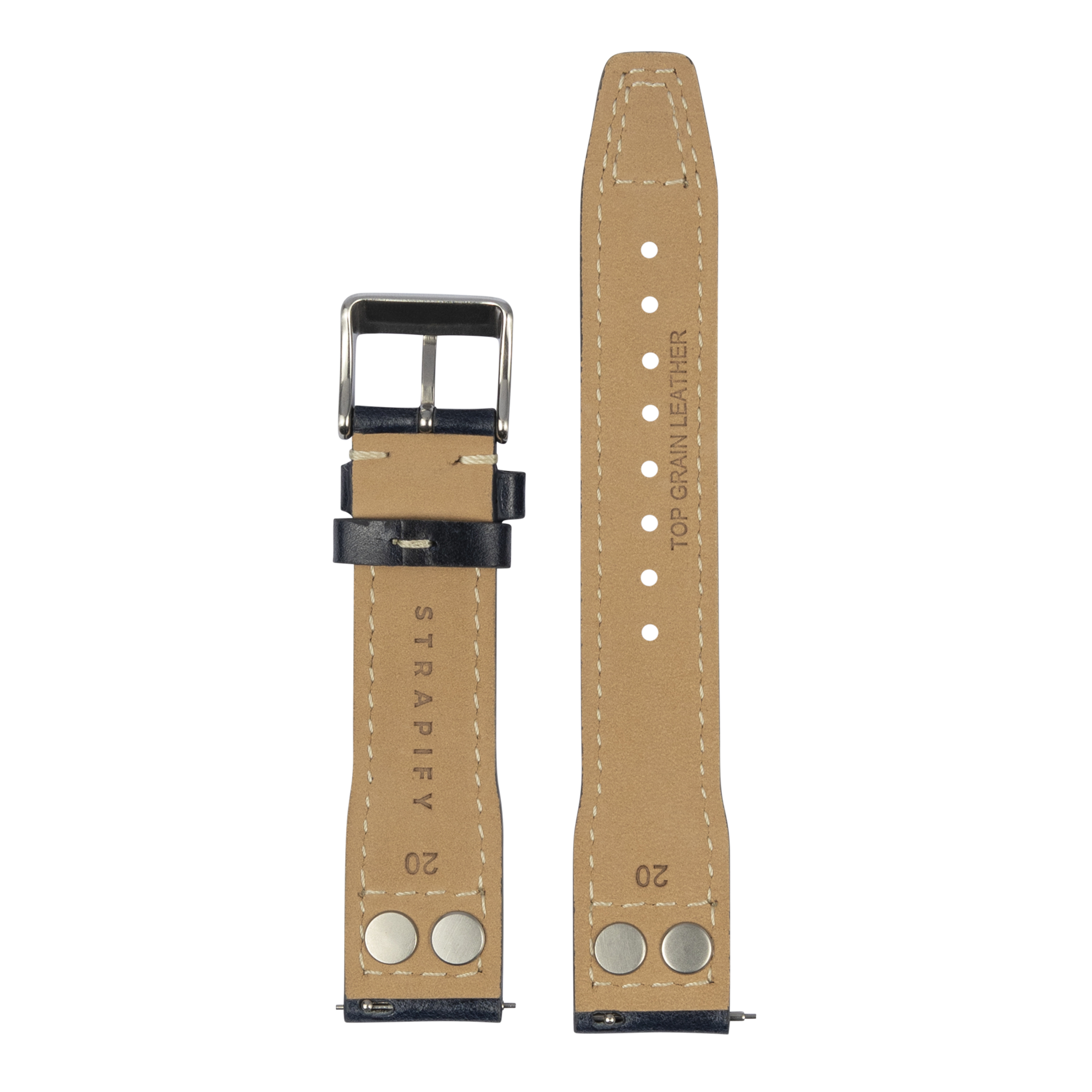 Tan leather quick release watch strap with black rivets, white stitching, and polished buckle, 20mm
