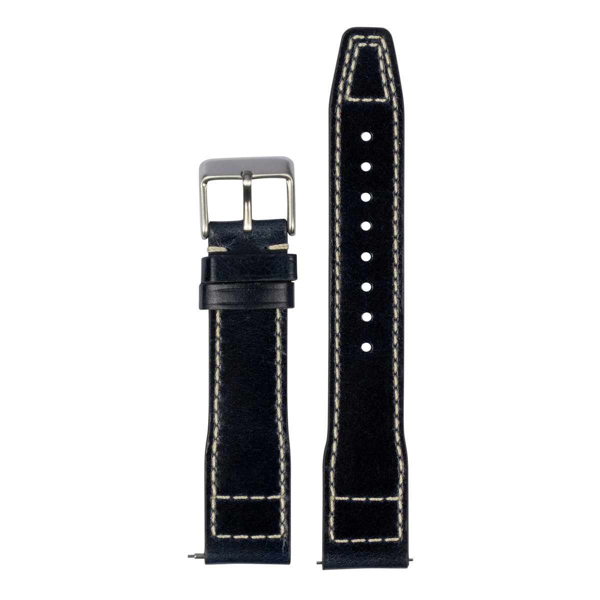 Black leather watch band with contrast stitching and silver buckle for Galaxy Watch