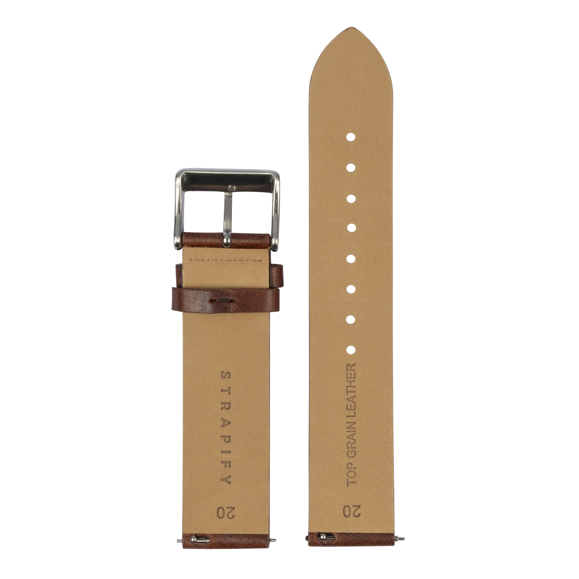 Tan leather watch strap with dark brown trim and quick release pins, 20mm width, featuring metal buckle and adjustment holes