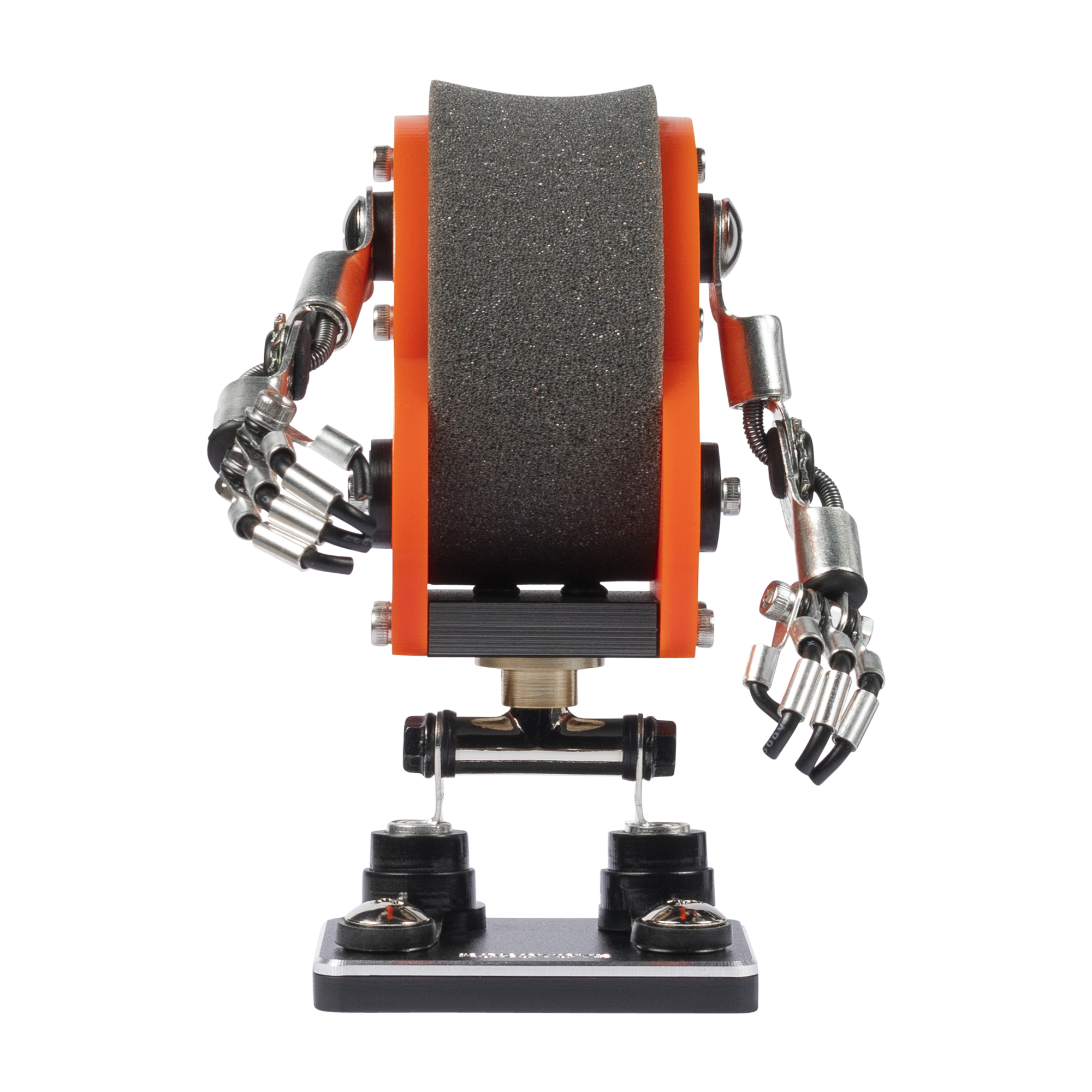 Orange and black minibot robot watch stand with articulated metal arms and grip hands holding timepiece