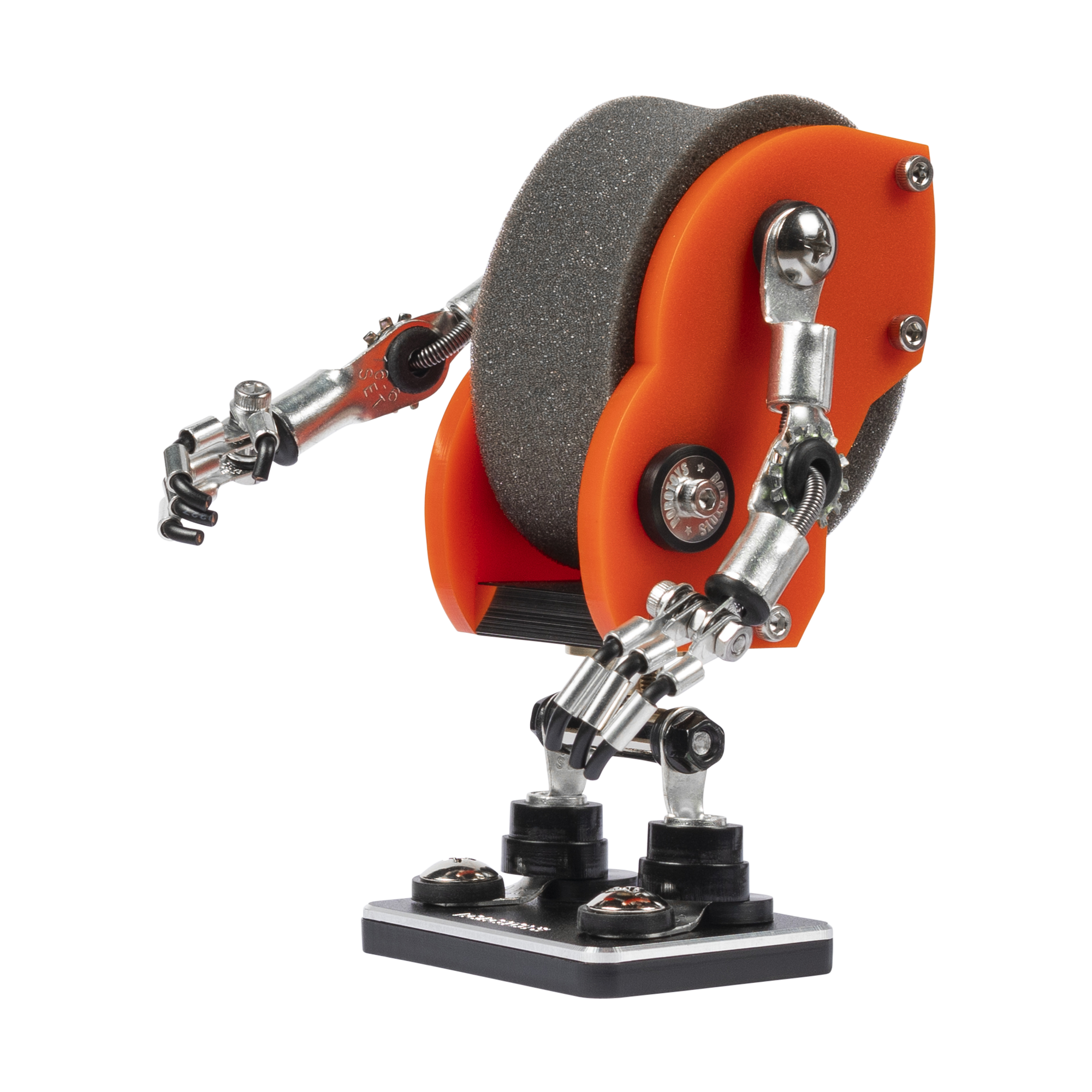 Orange and gray mechanical watch stand robot figure with metal articulated arms and black base
