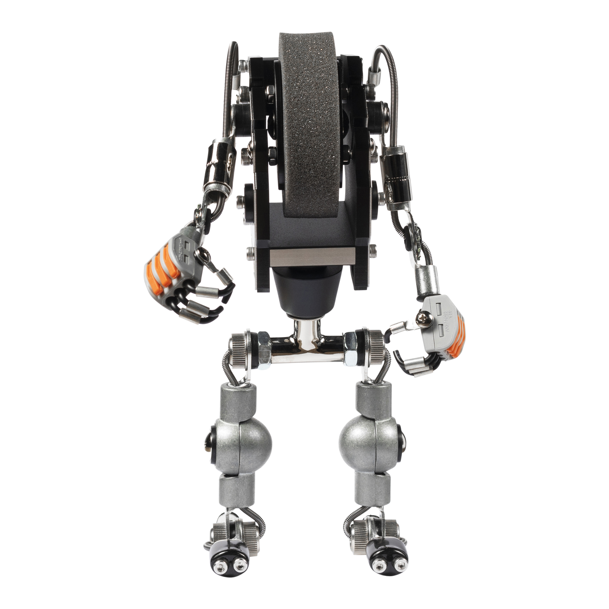 RoboMech silver mechanical robot watch stand with articulated joints and orange accent details