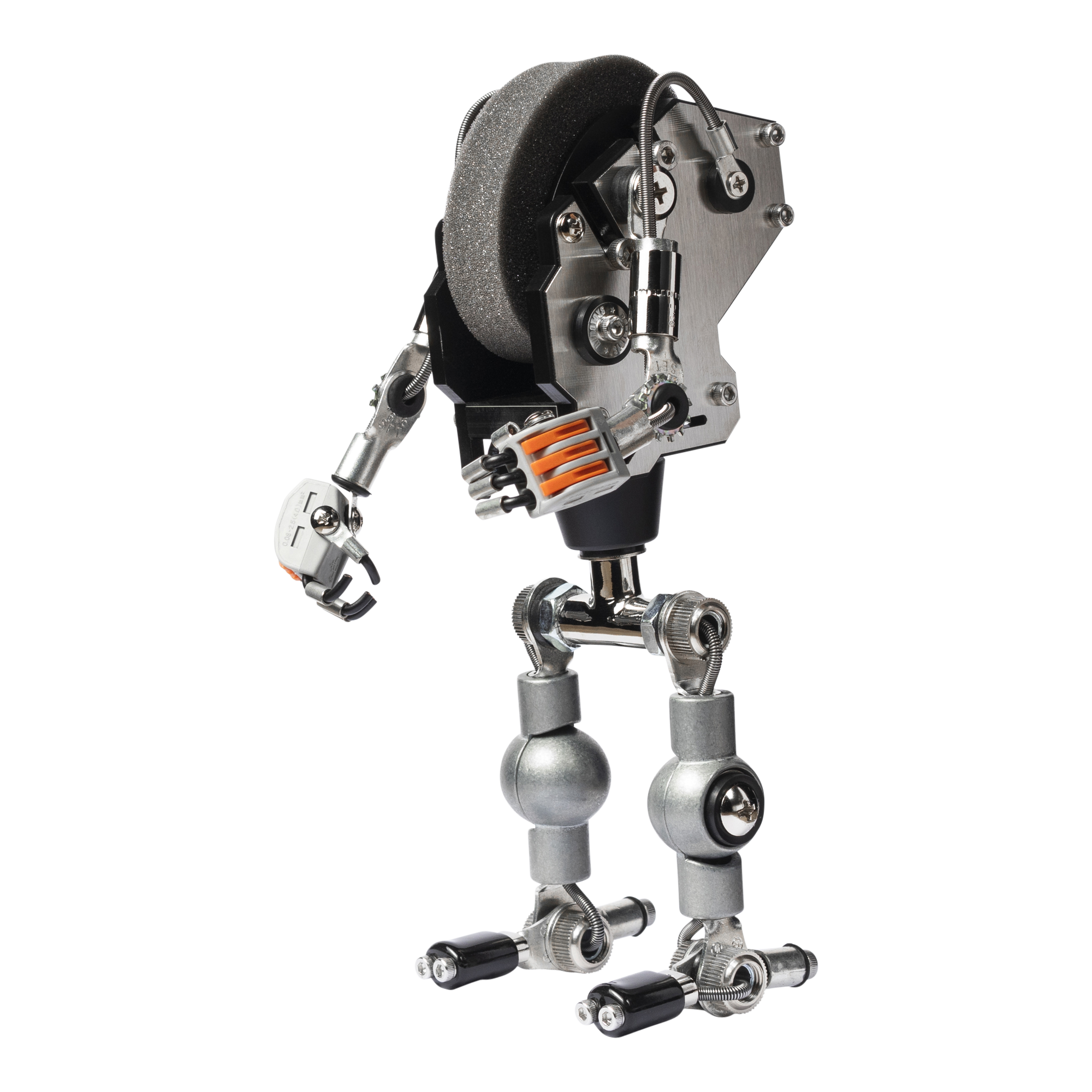 Silver robotic watch stand with articulated mechanical arms, orange accents, and ball joint legs on white background