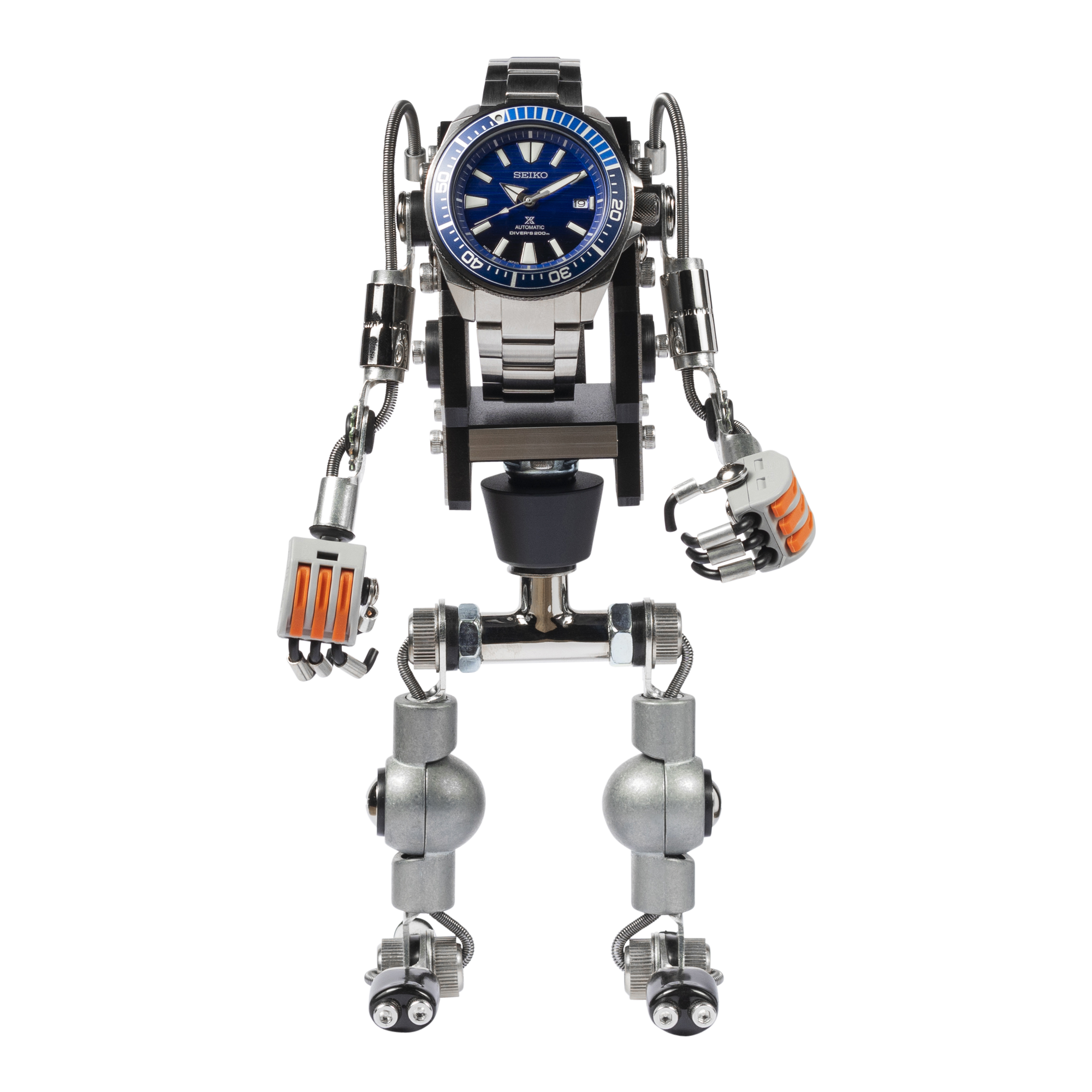 Seiko dive watch robotic figure stand with articulated metal limbs and orange accents