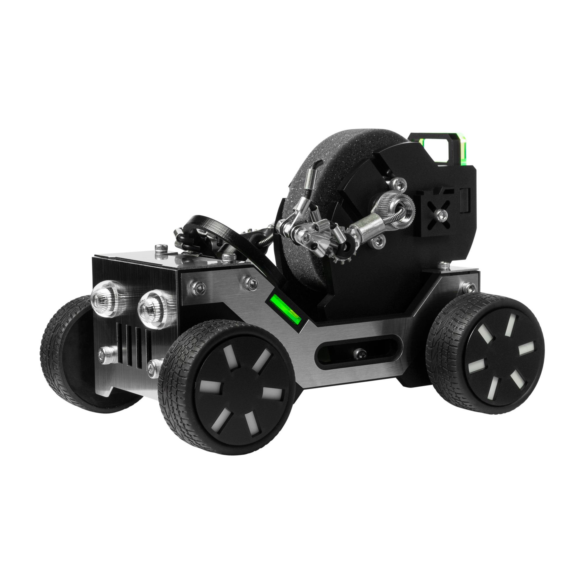 DIY robotic offroad vehicle kit with articulated steering, exposed metallic drivetrain, black rubber tires, and green battery indicator light