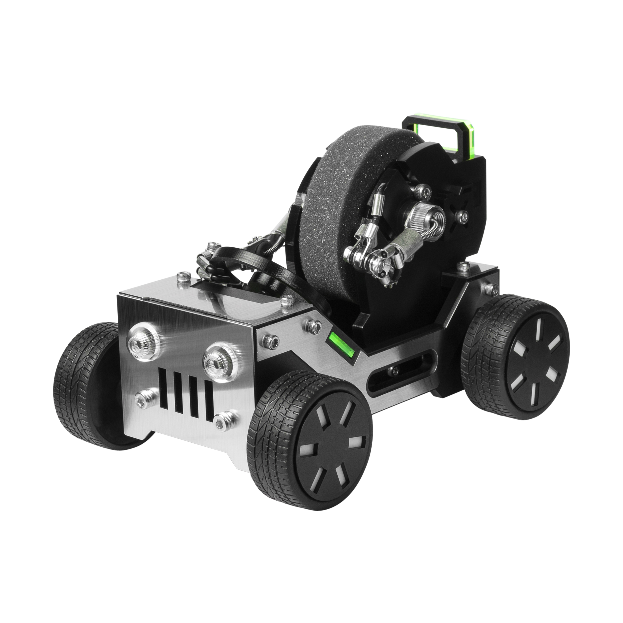 DIY metal offroad robot car kit with exposed gears, silver chassis, black wheels, and green handle for assembly and play