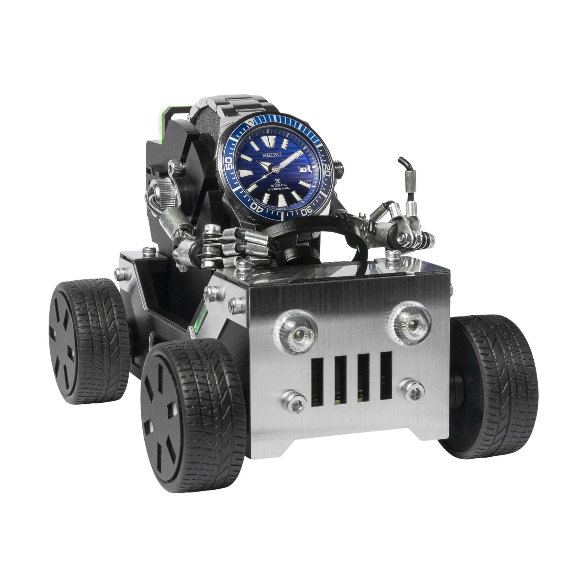 Seiko blue dial automatic watch mounted on robotic off-road vehicle stand with articulated metal arms and black tires