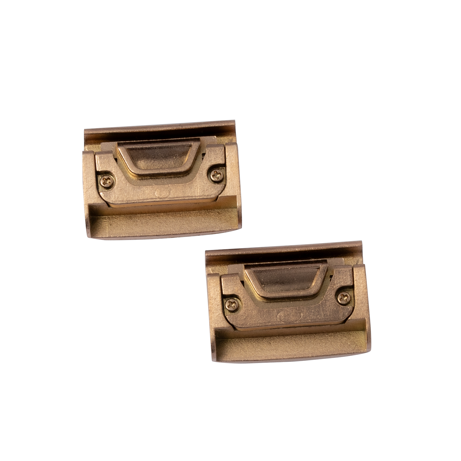 Pair of bronze QuickFit 22mm spring bar adapters for Garmin smartwatch straps with curved design and screw fasteners