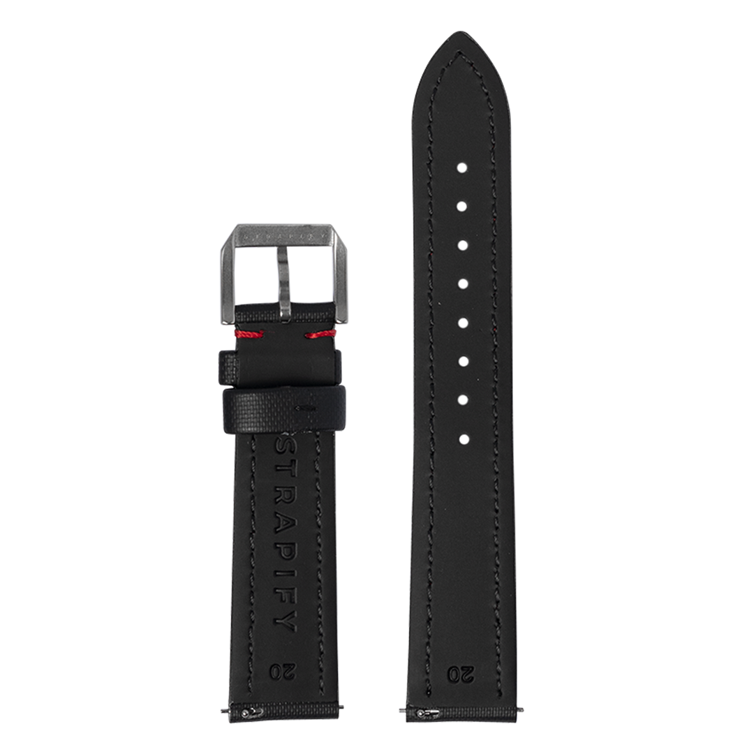 Black quick release king sailcloth watch strap with metal buckle and contrast stitching, 20mm width