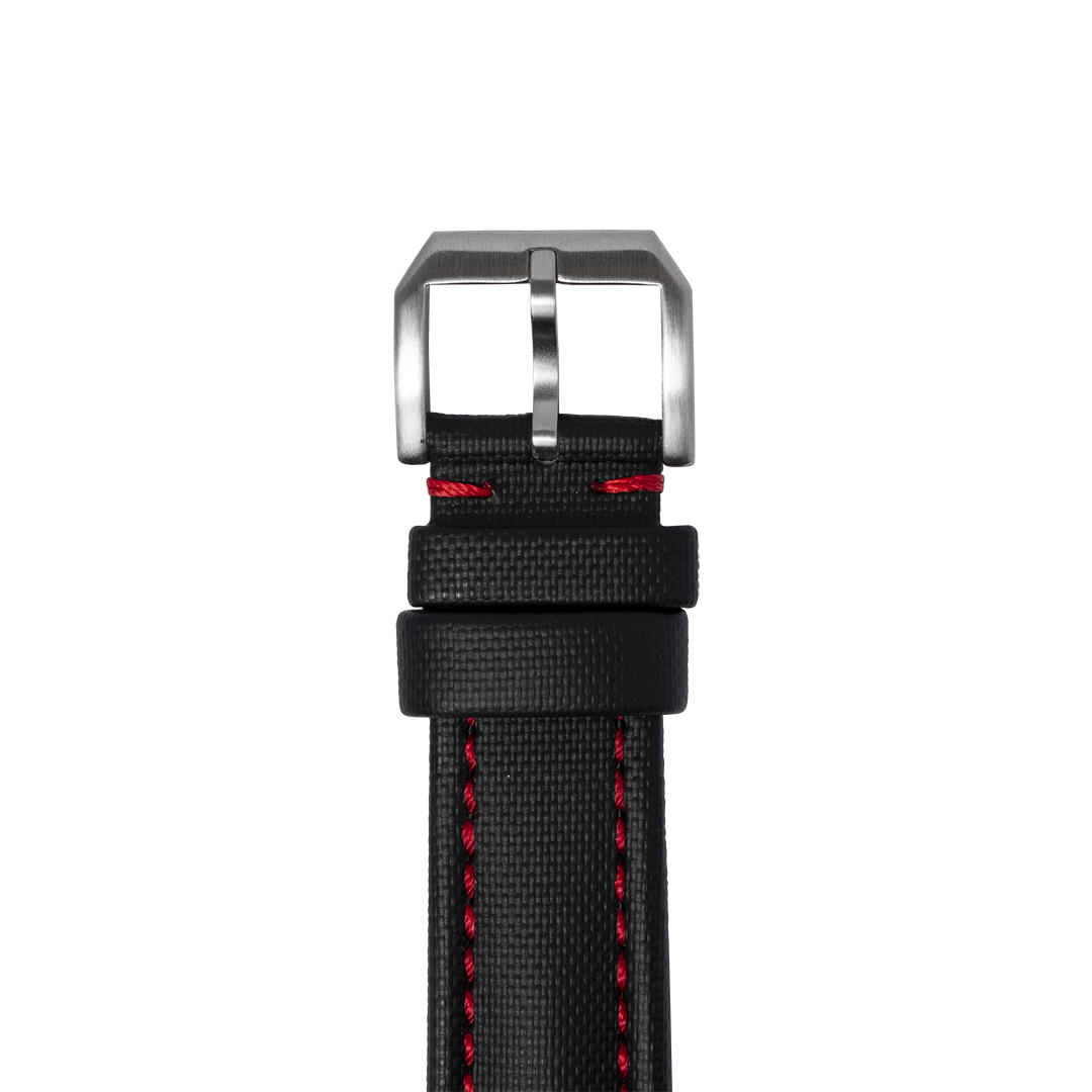 Black sailcloth quick release watch strap with red stitching and stainless steel buckle