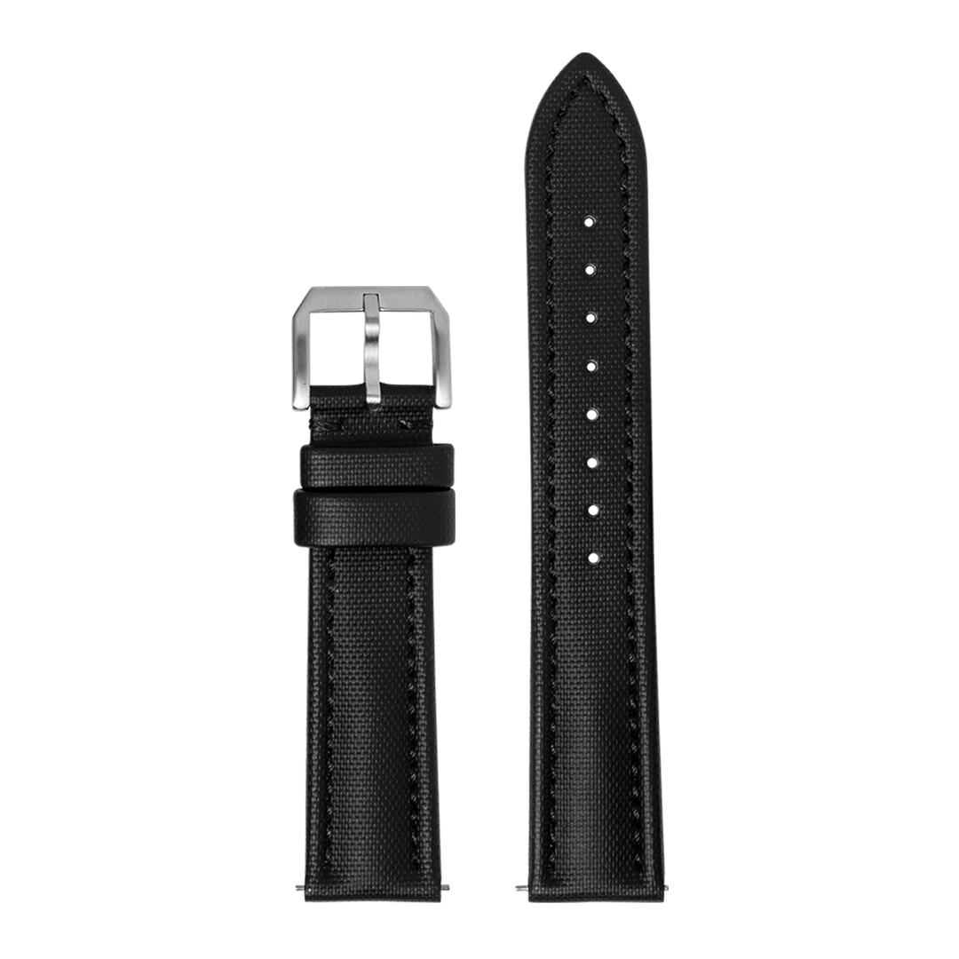 Black King Sailcloth watch strap with white stitching and stainless steel buckle for Garmin QuickFit