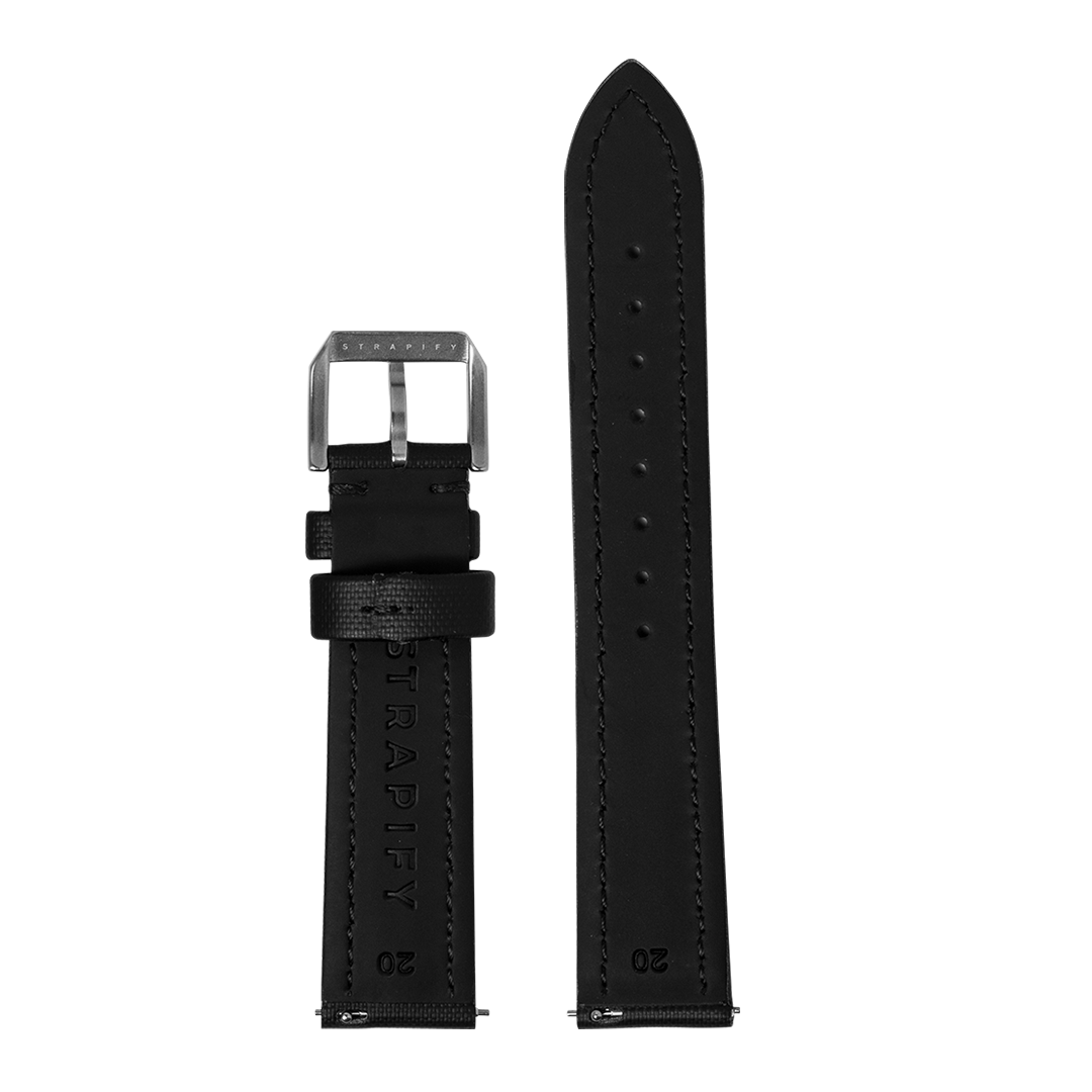 Black sailcloth quick release watch strap with silver buckle and stitched details