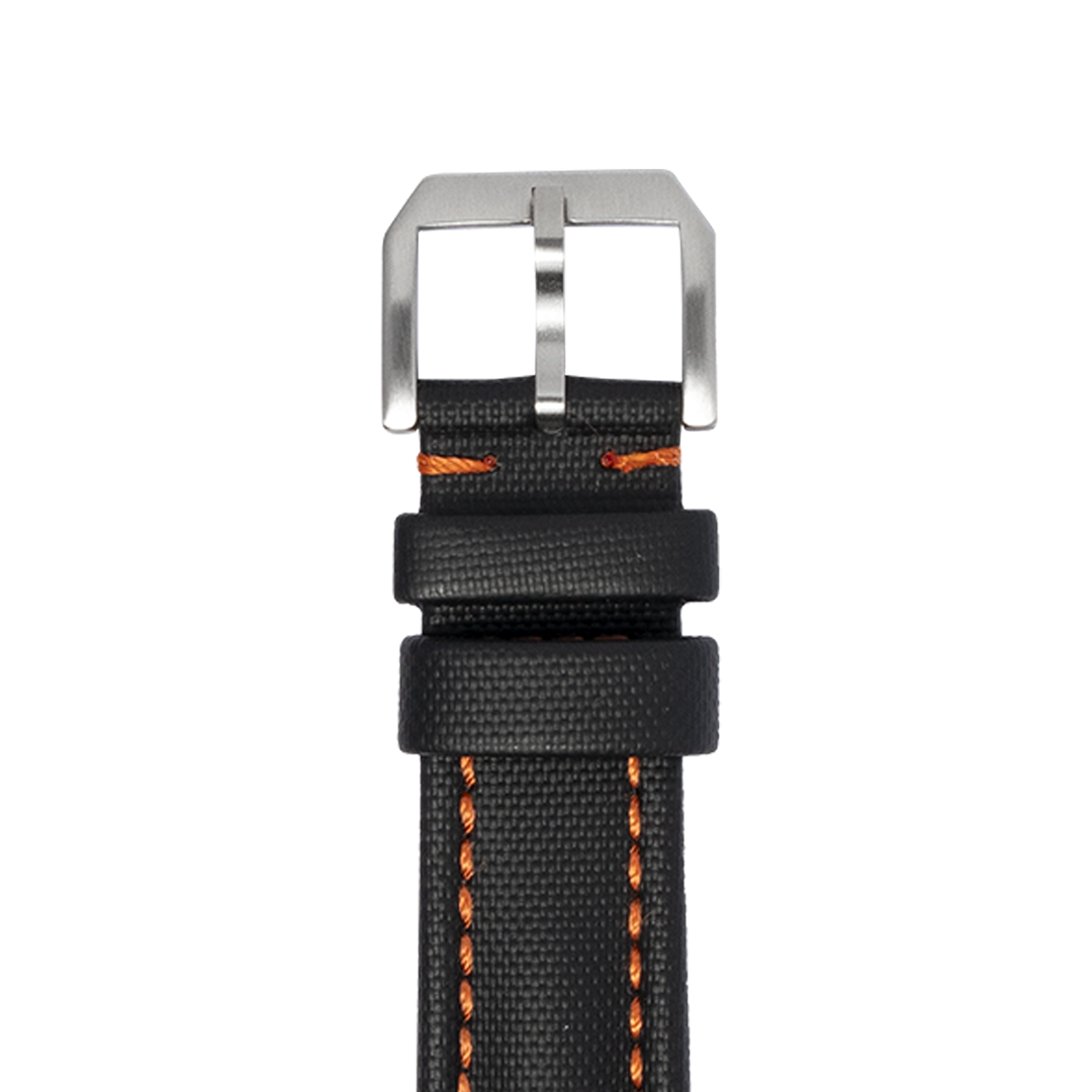 Black sailcloth watch strap with orange stitching, stainless steel buckle and quick release system