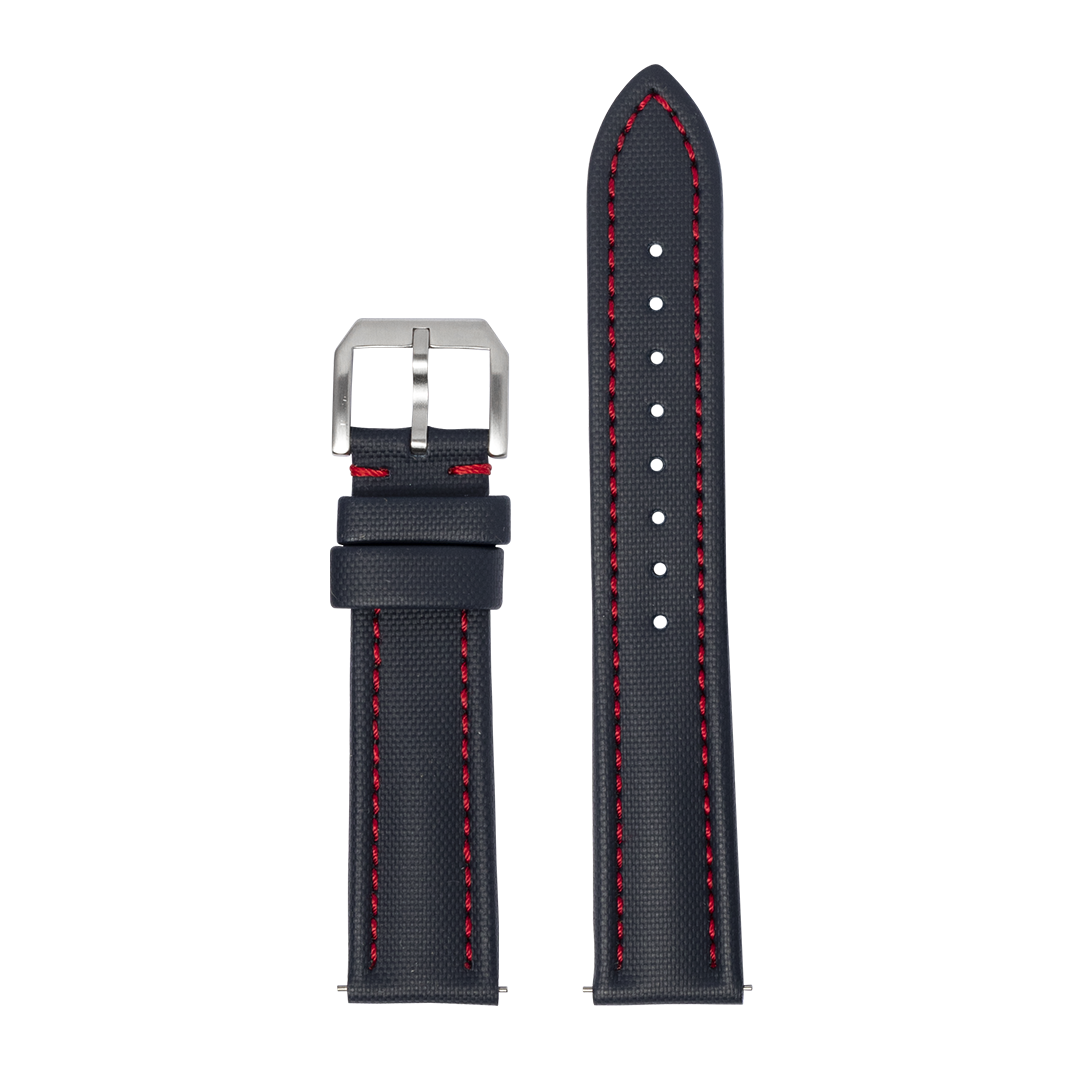 Black sailcloth Apple Watch band with red contrast stitching and stainless steel buckle, shown assembled and unassembled
