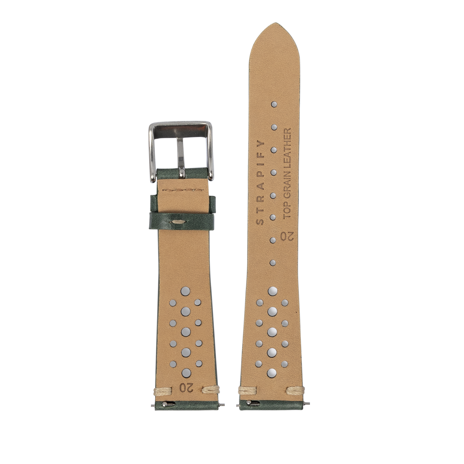 Vintage Rally tan leather watch strap with forest green accents, quick release pins, and perforated design for breathability