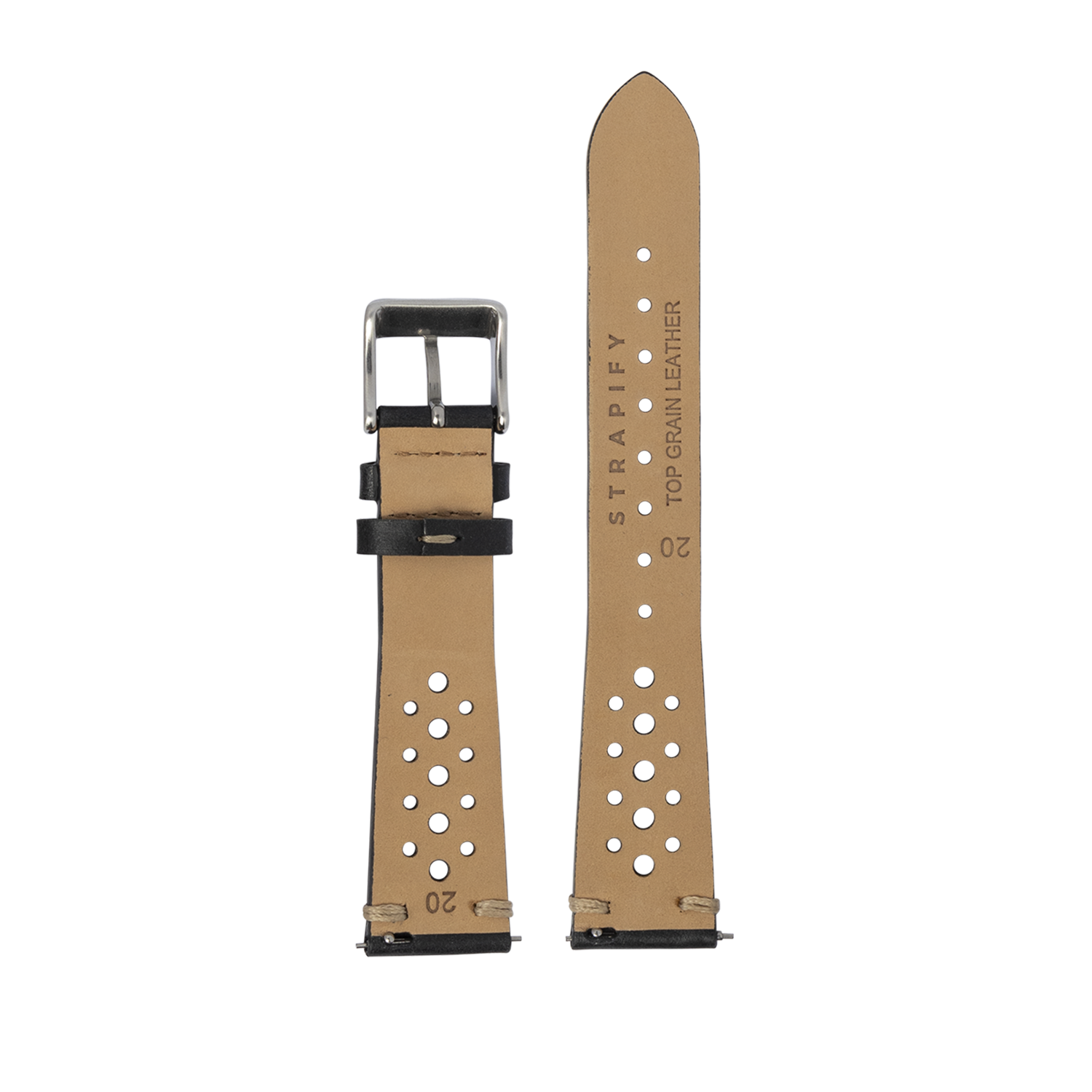 Tan leather quick release watch strap with perforated holes, black accent bands, and stainless steel buckle