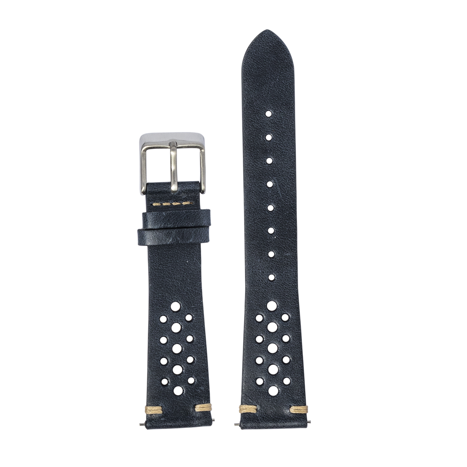 Navy blue vintage rally leather watch strap 20mm with perforated details and stainless steel buckle