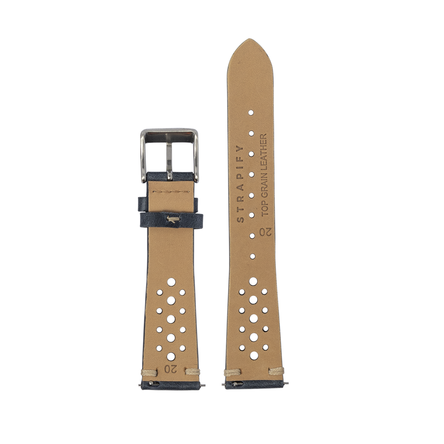 Vintage Rally tan leather watch band with white perforations, navy blue quick release connector, and stainless steel buckle