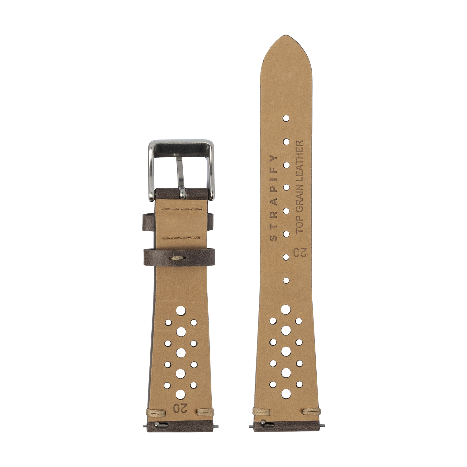 Tan leather Apple Watch band with perforated design, dark brown accents, and stainless steel buckle, shown assembled and unassembled
