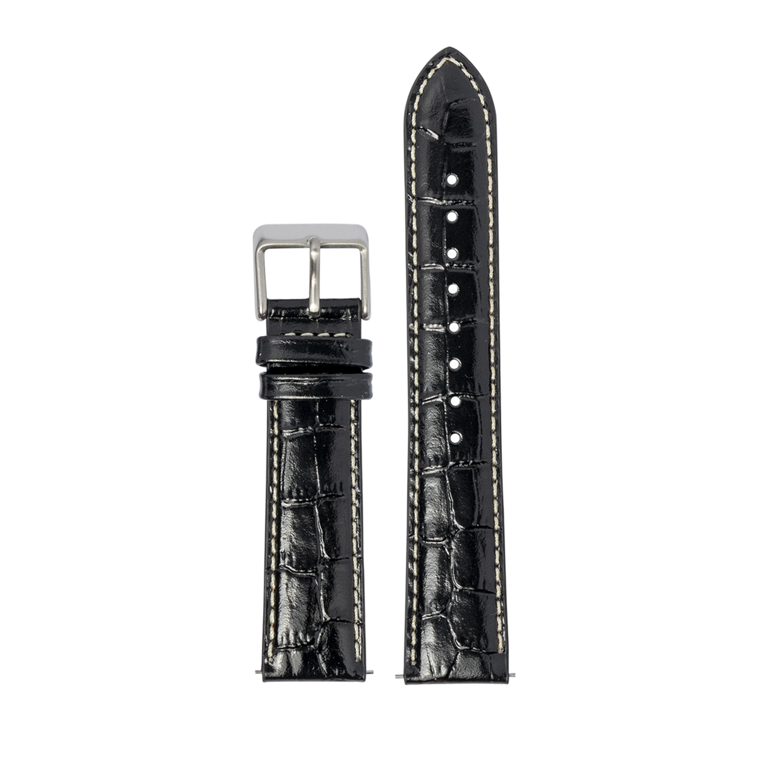Black alligator leather Apple Watch band with white stitching and silver buckle