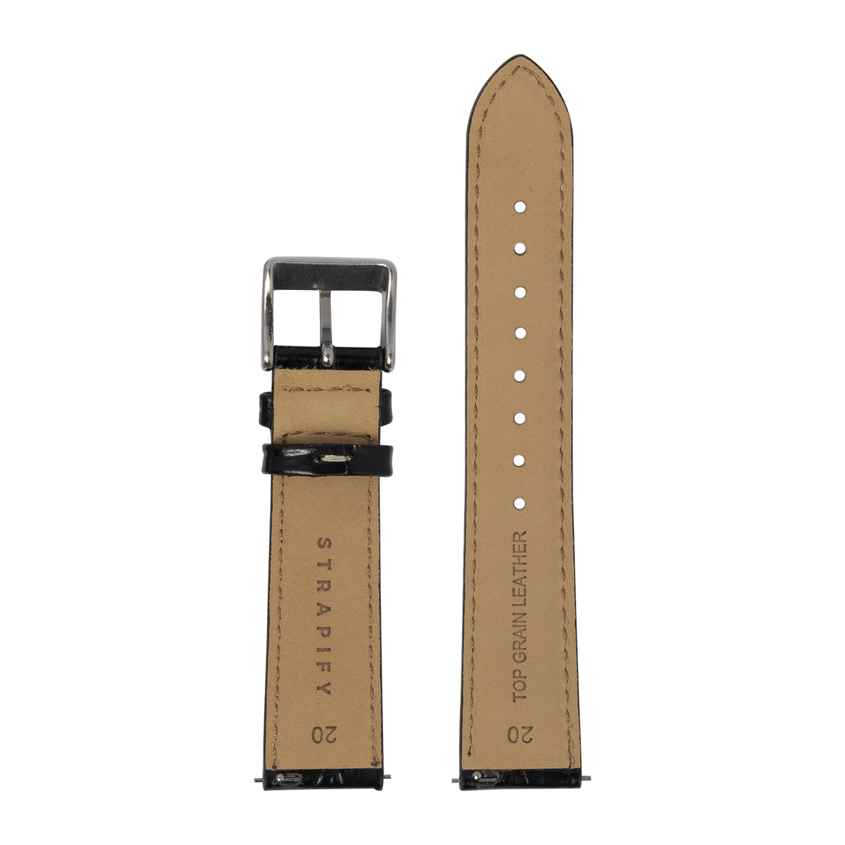 Black alligator leather watch band with white stitching, gunmetal buckle, top grain leather interior, 20mm width for Galaxy Watch compatibility