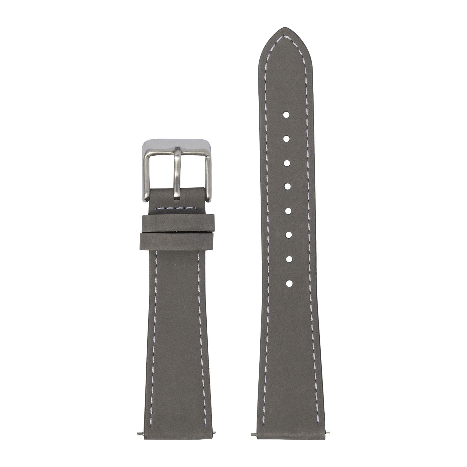 Grey nubuck leather 22mm watch strap with white stitching, silver buckle, and quick-fit connectors