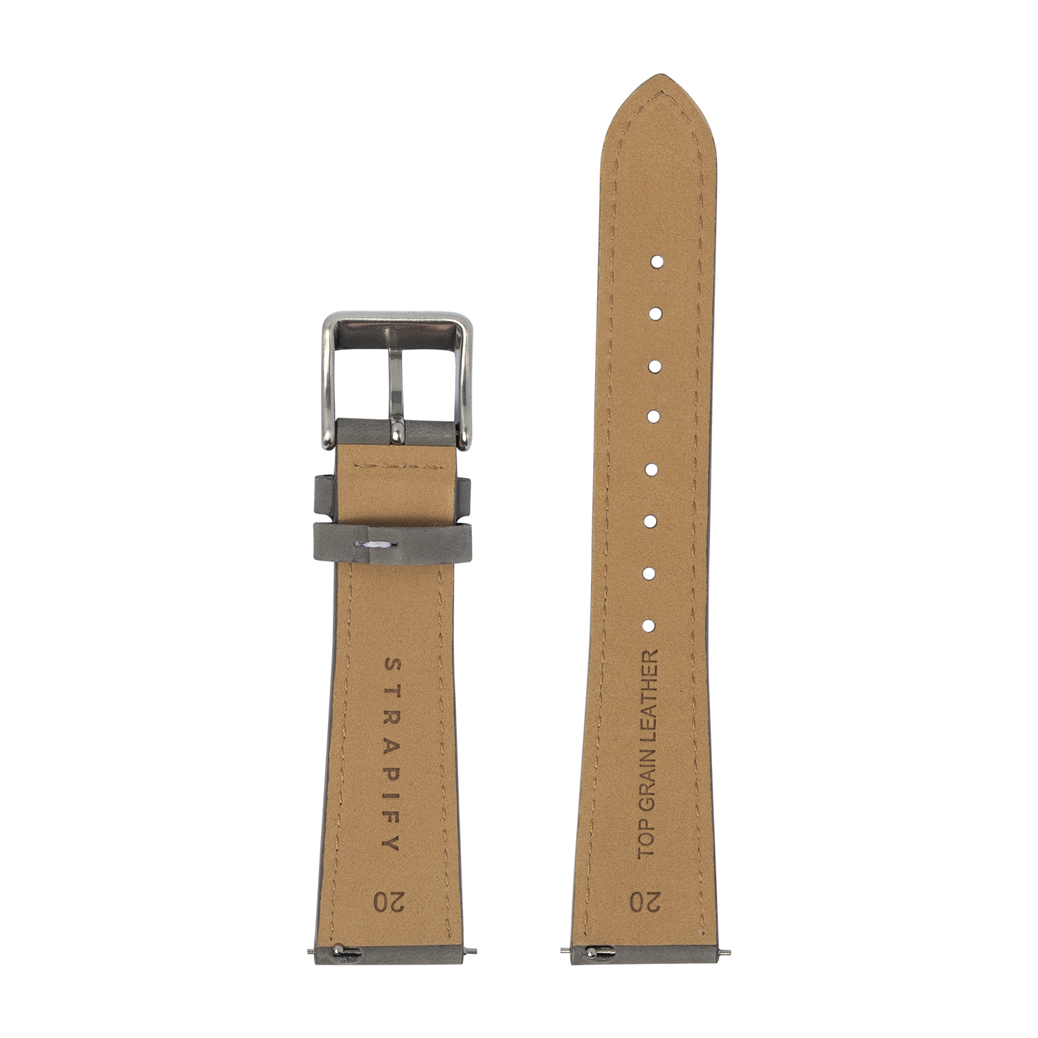 Tan nubuck leather watch strap 26mm with quick-fit release, grey buckle, white stitching and adjustment holes